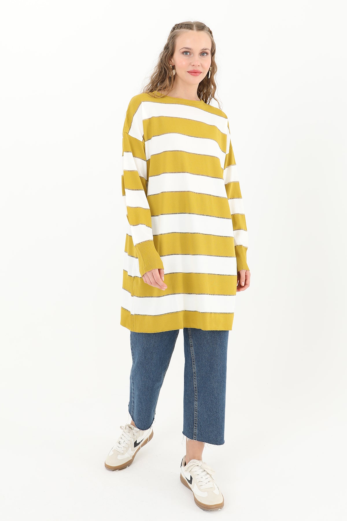 mustard and white striped tunic for women
