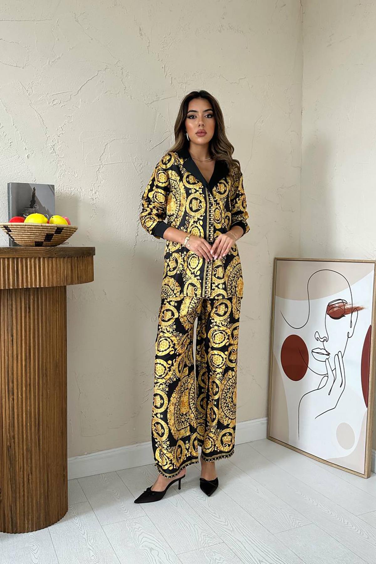 Premium Black Elegant Modest Co-Ord Set with Golden Print Palazzo Pants