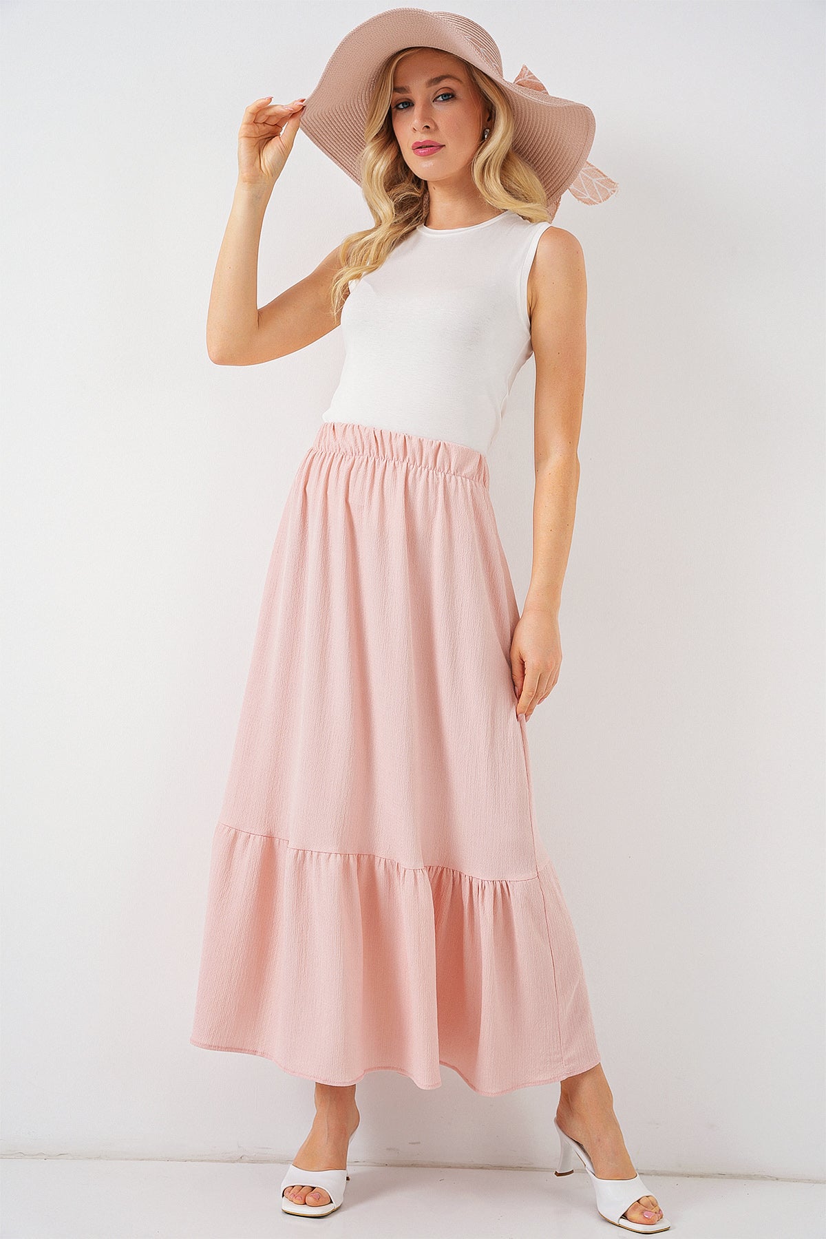 haya and kalos blush pink layered modest maxi skirt