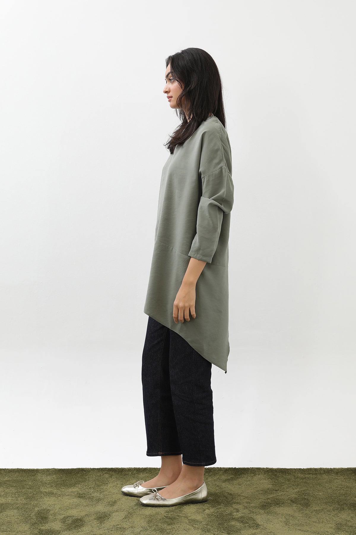 elegant oversized khaki tunic with back overlap detail