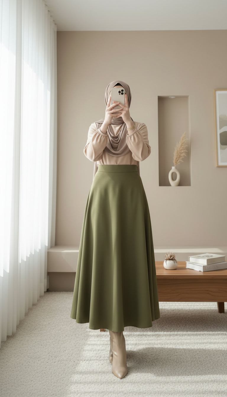 Olive Green A-Line Elastic Waist Modest Scuba Maxi Skirt