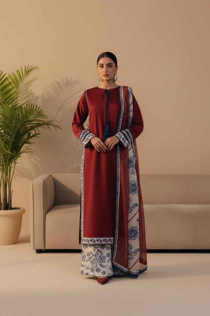 tassel neckline modest kurta set rust