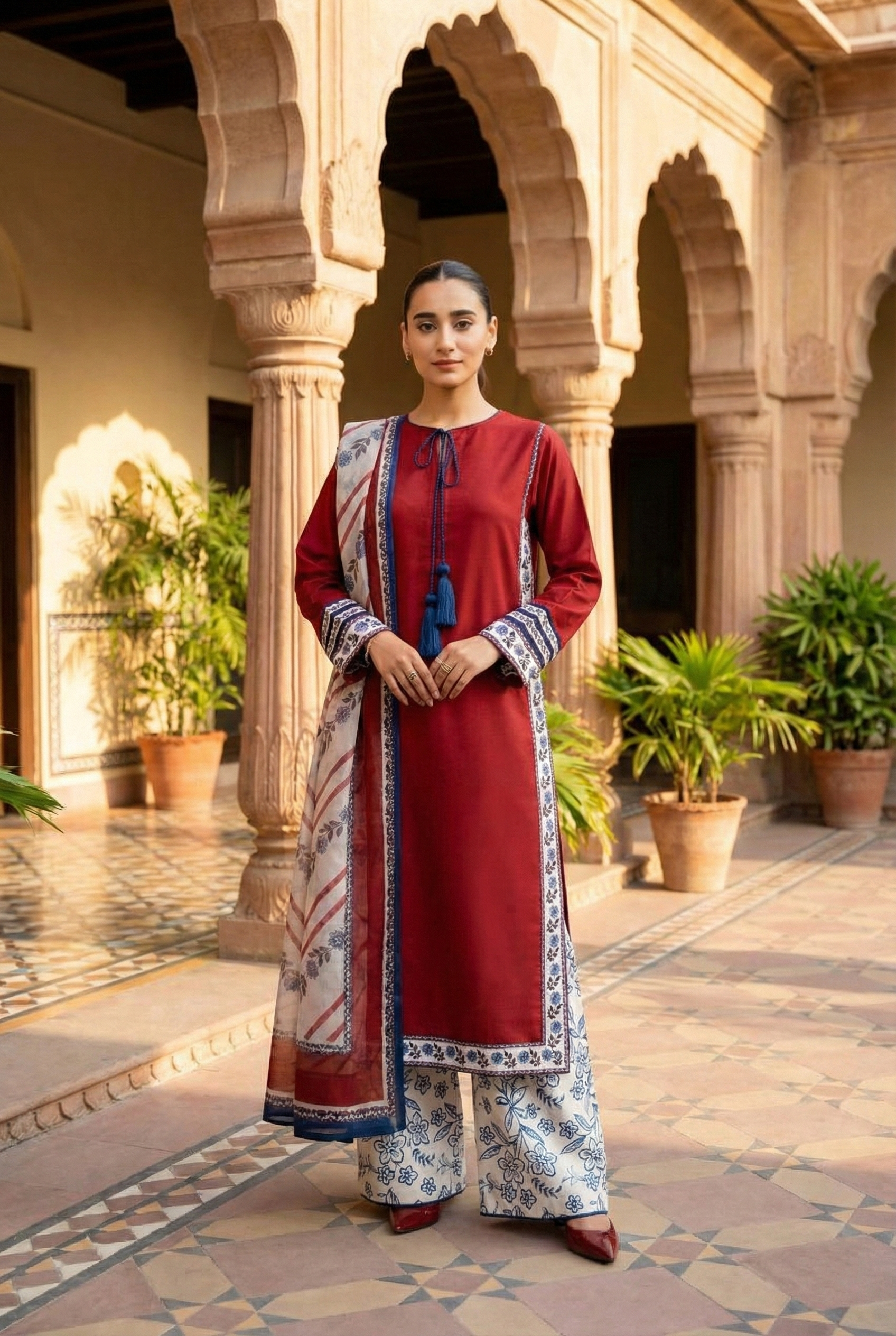 printed border rust kurta full sleeve modest