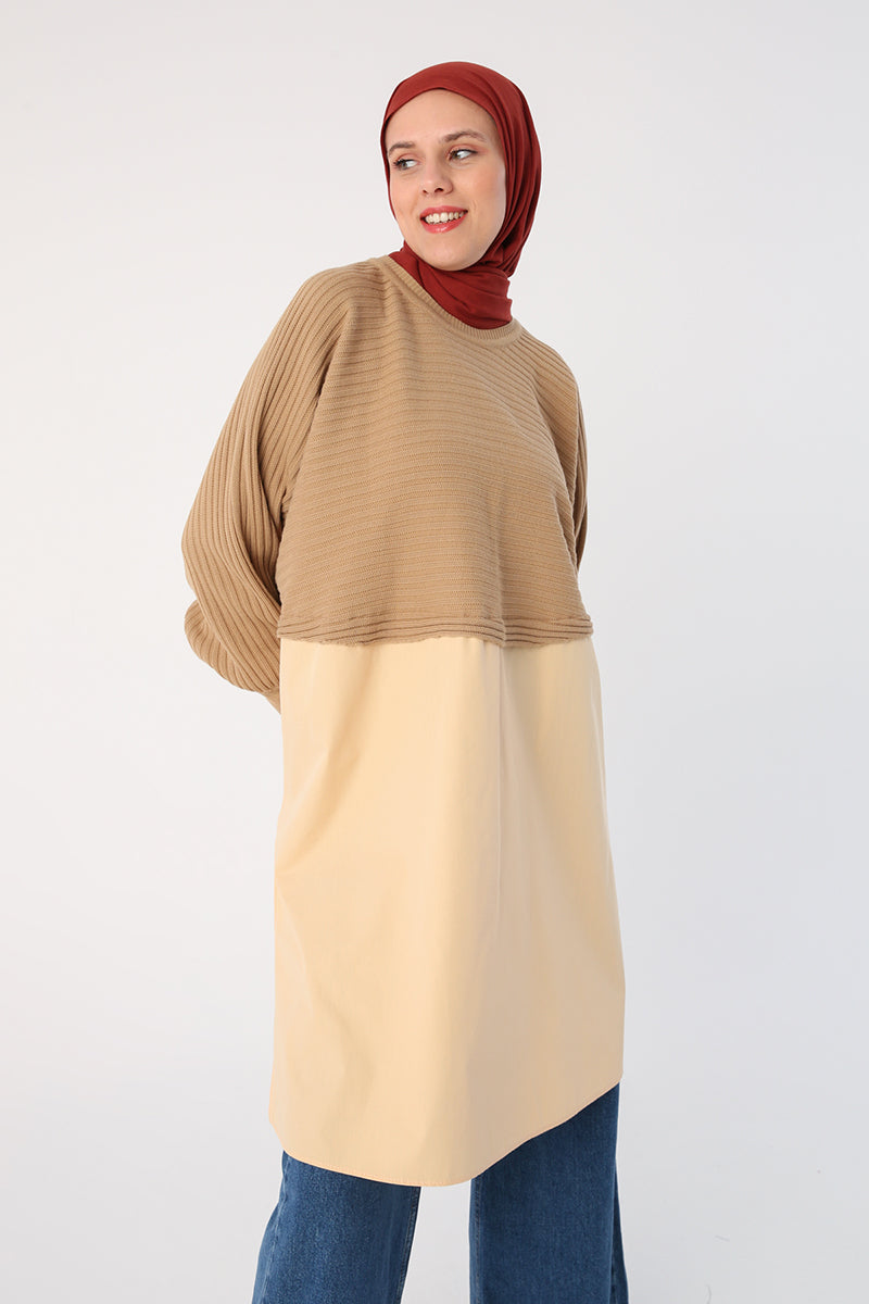 Camel Cream Modest Two-Tone Elegant Tunic