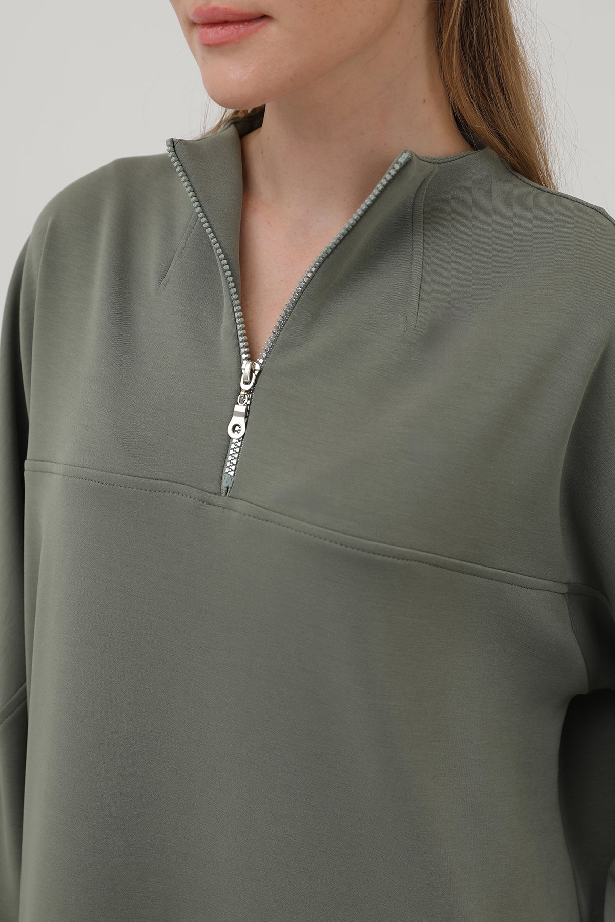 olive green half zip modest tunic