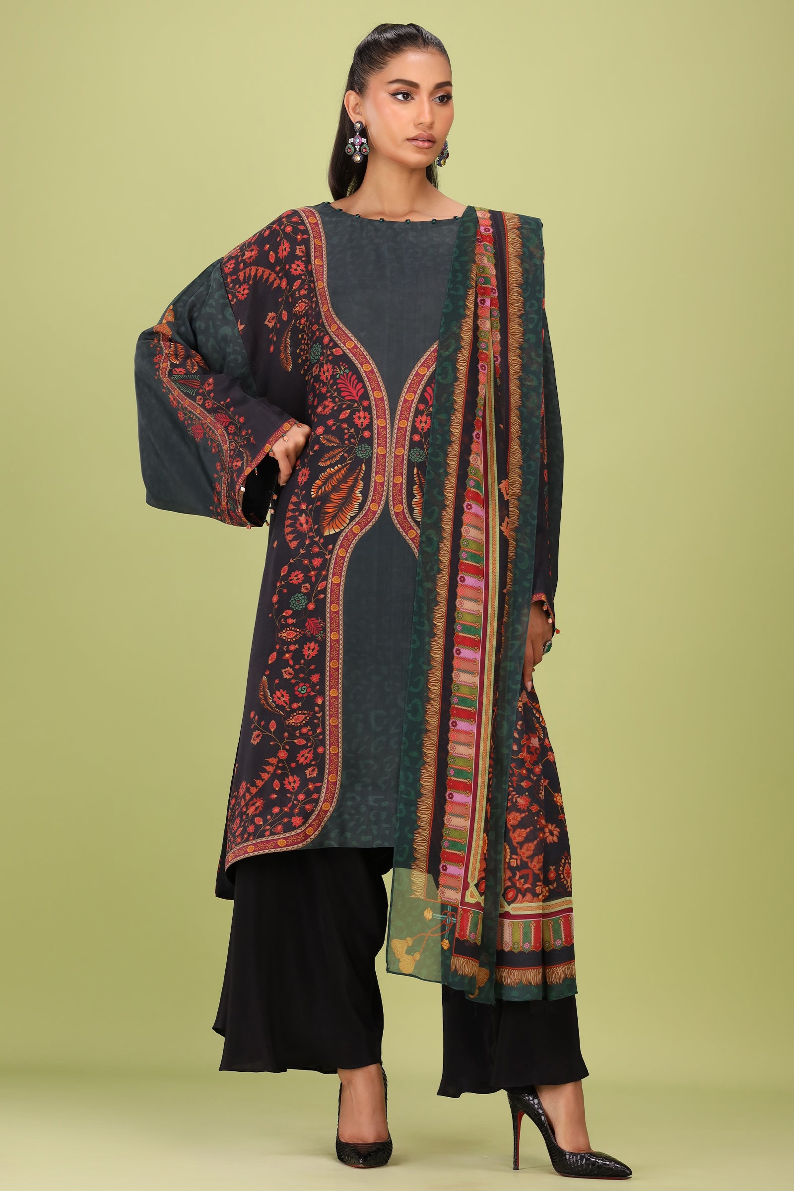 French Moss Flare Atelier Modest Co-Ord Set with Scarf