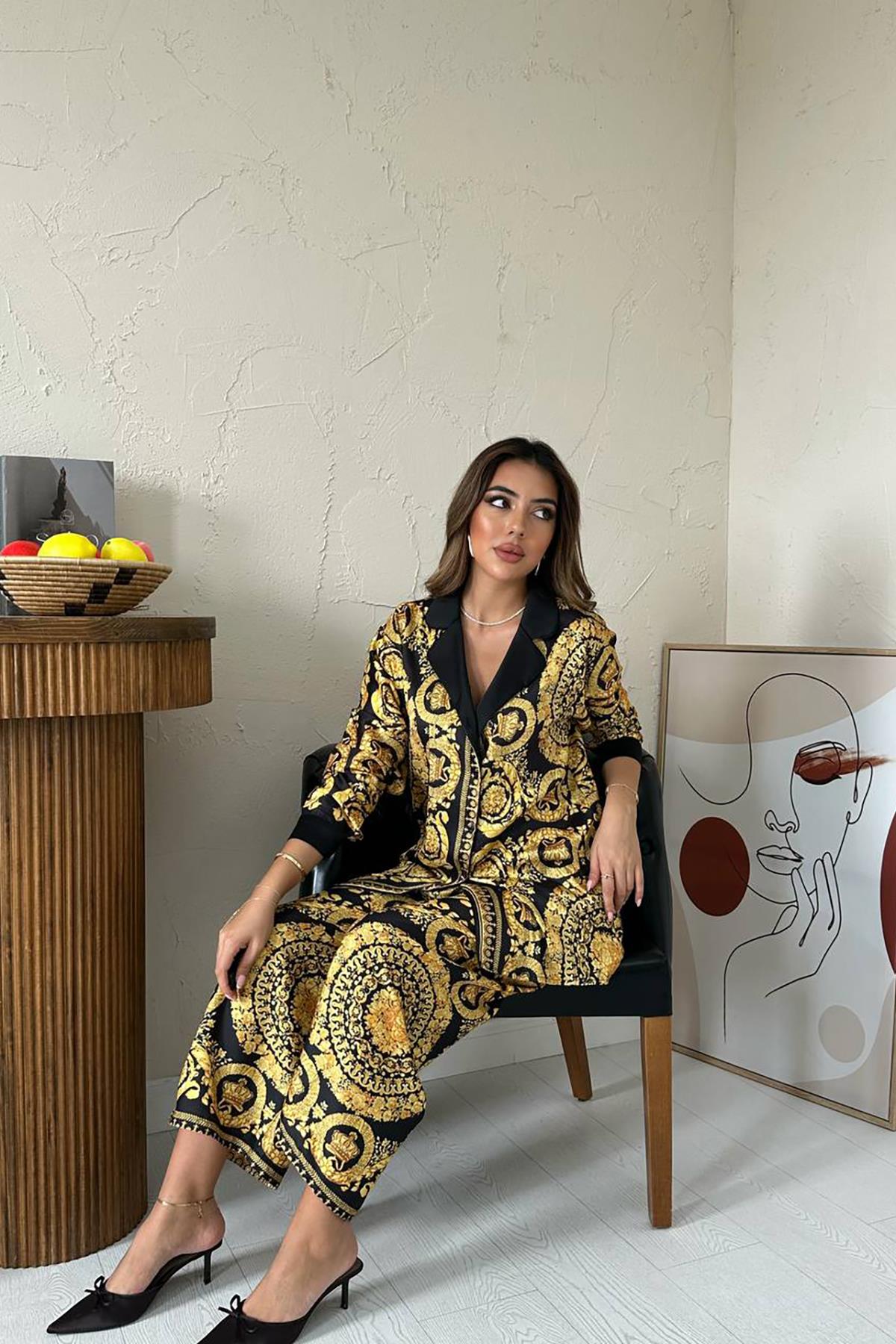 Premium Black Elegant Modest Co-Ord Set with Golden Print Palazzo Pants