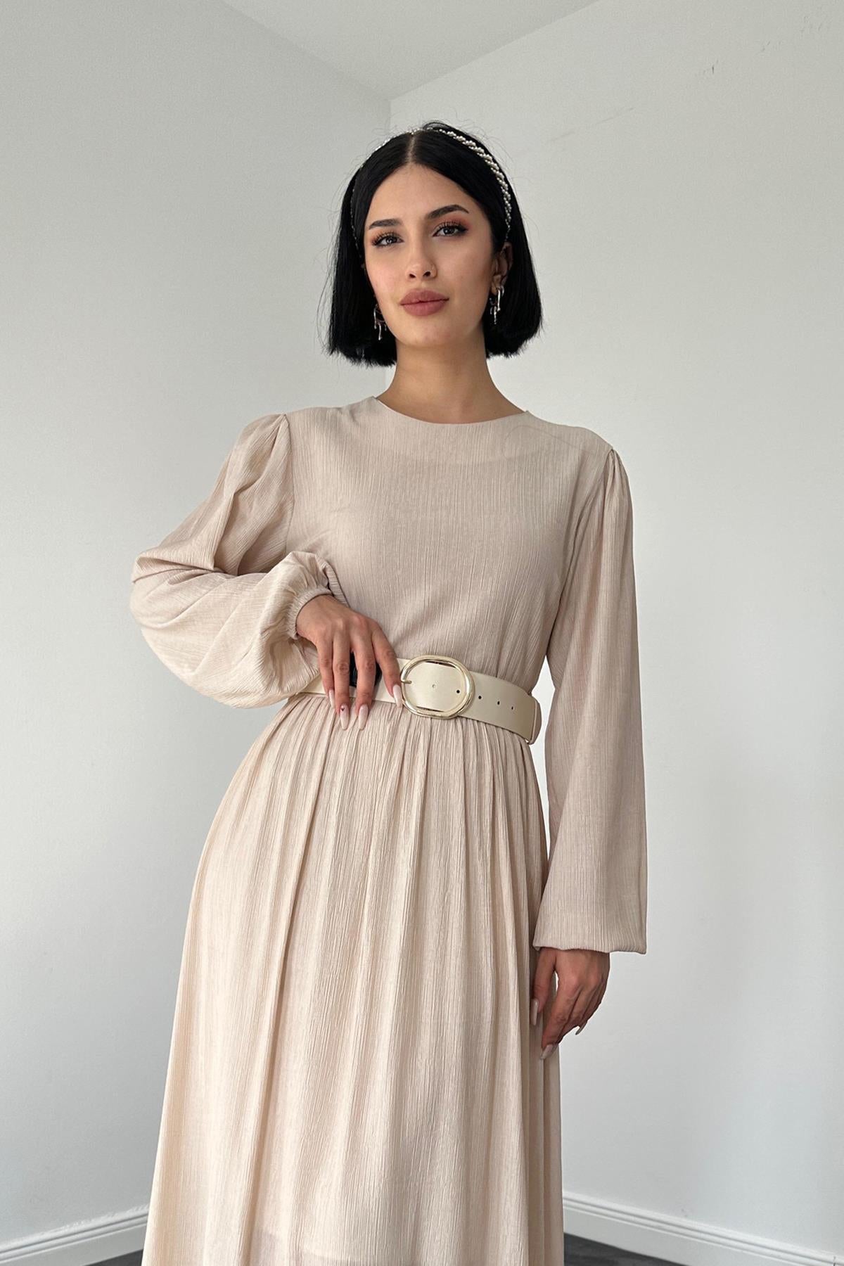 beige full sleeve modest formal dress