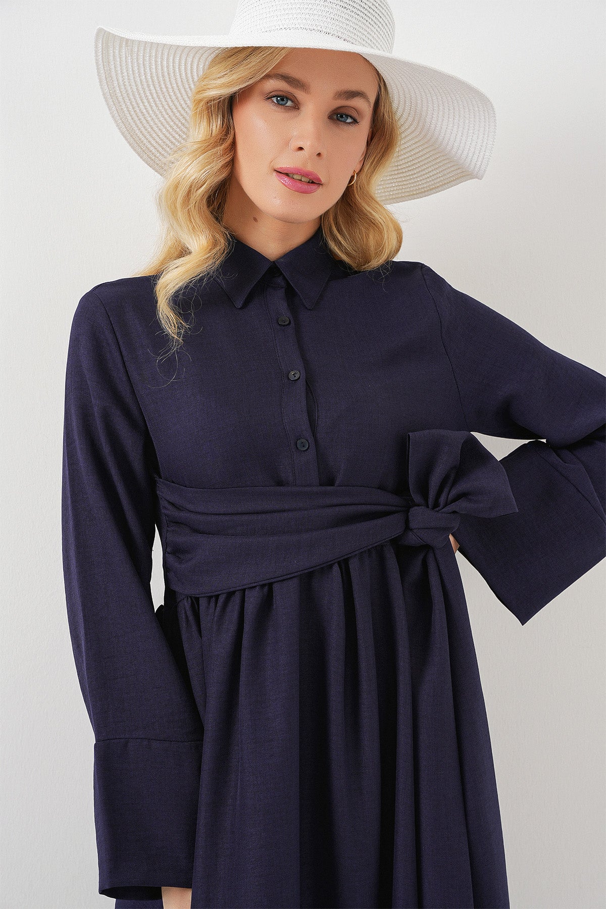 navy blue floor length shirt dress women