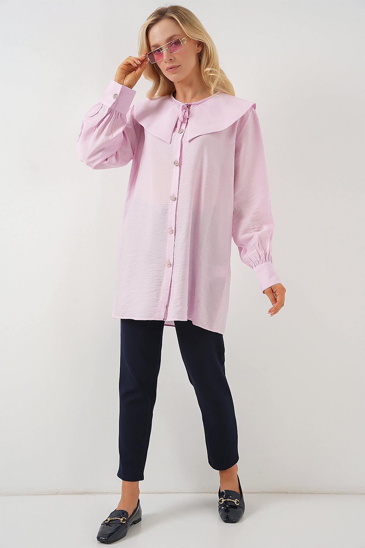 Long Pink Modest Tunic with Statement Collar & Gold Buttons