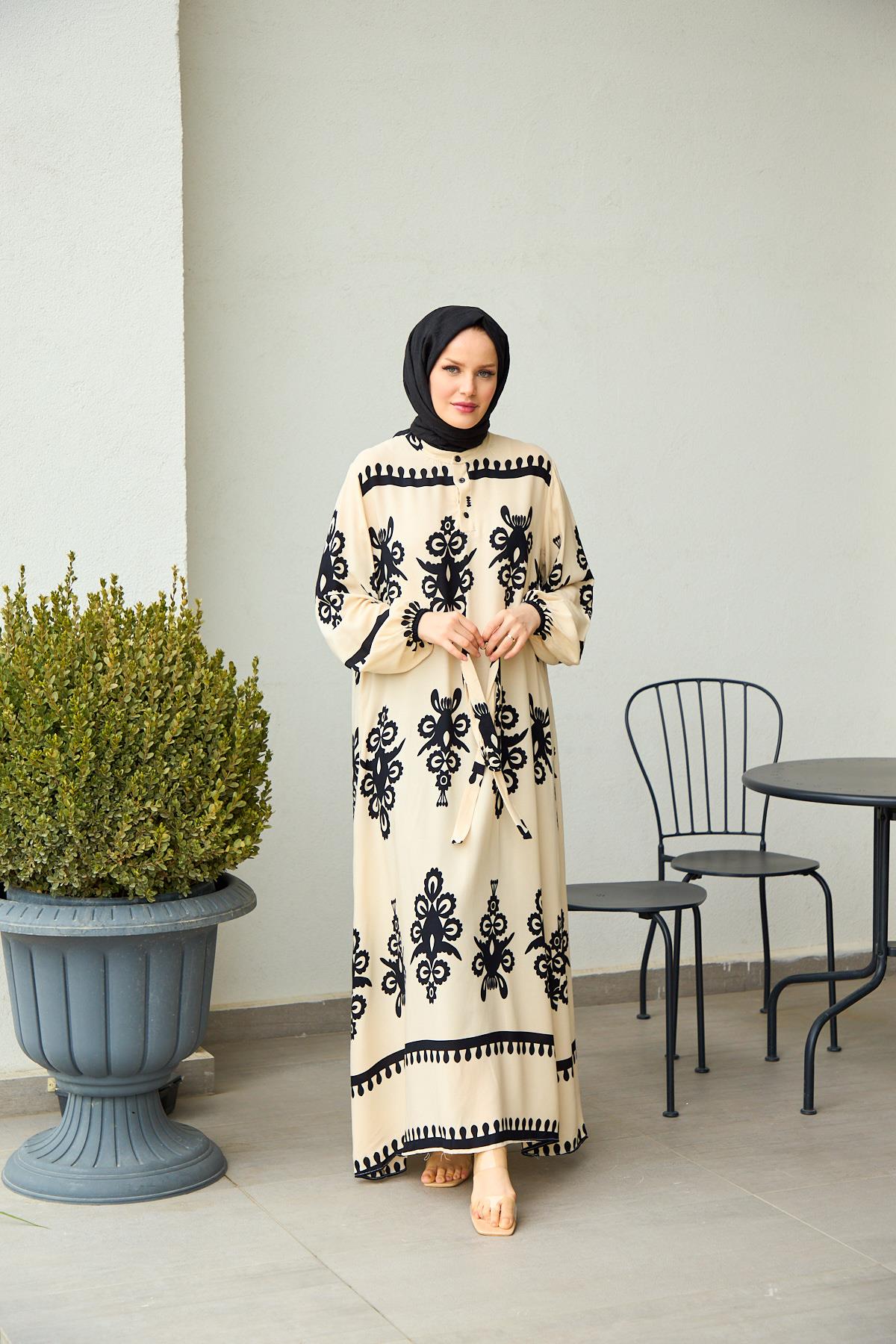 modest beige long sleeve printed dress