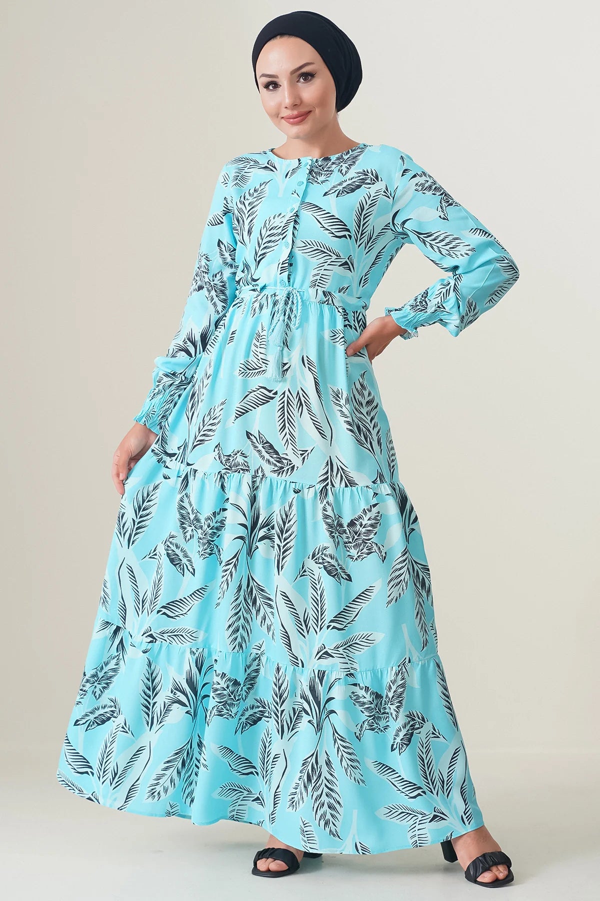 Patterned Hijab Dress - Turquoise