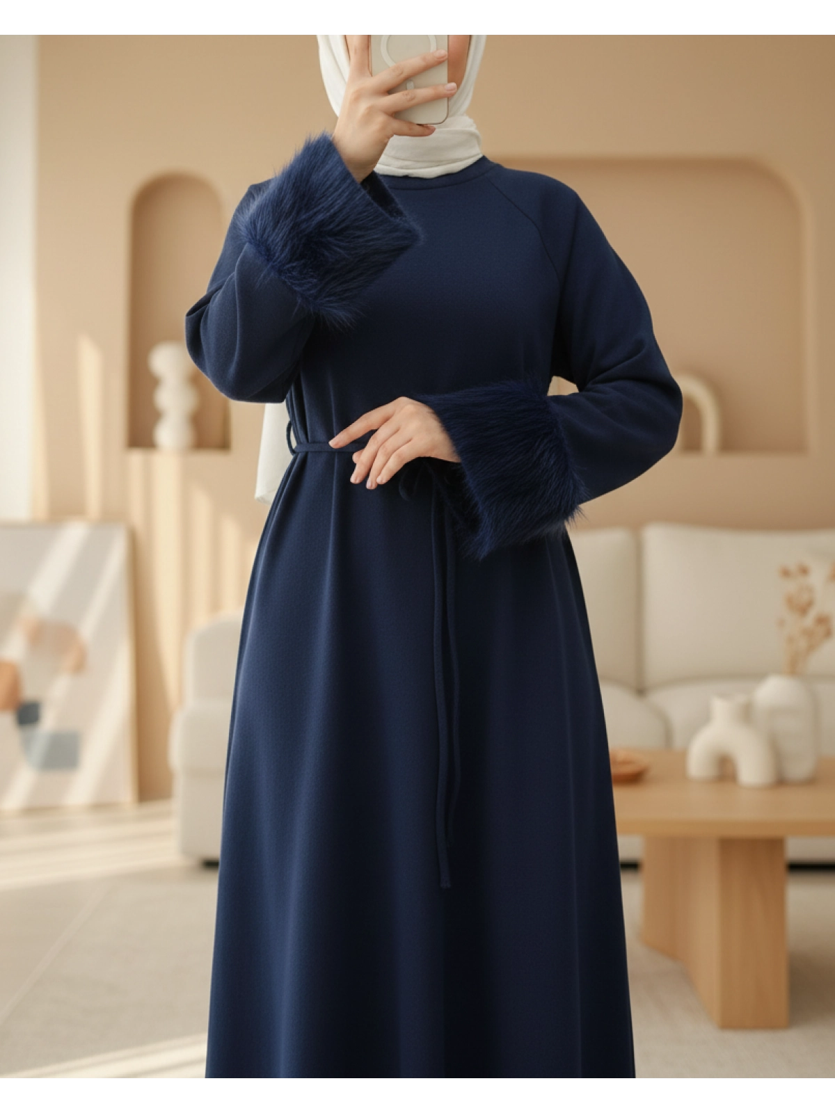 navy blue tie up fur cuff modest maxi dress