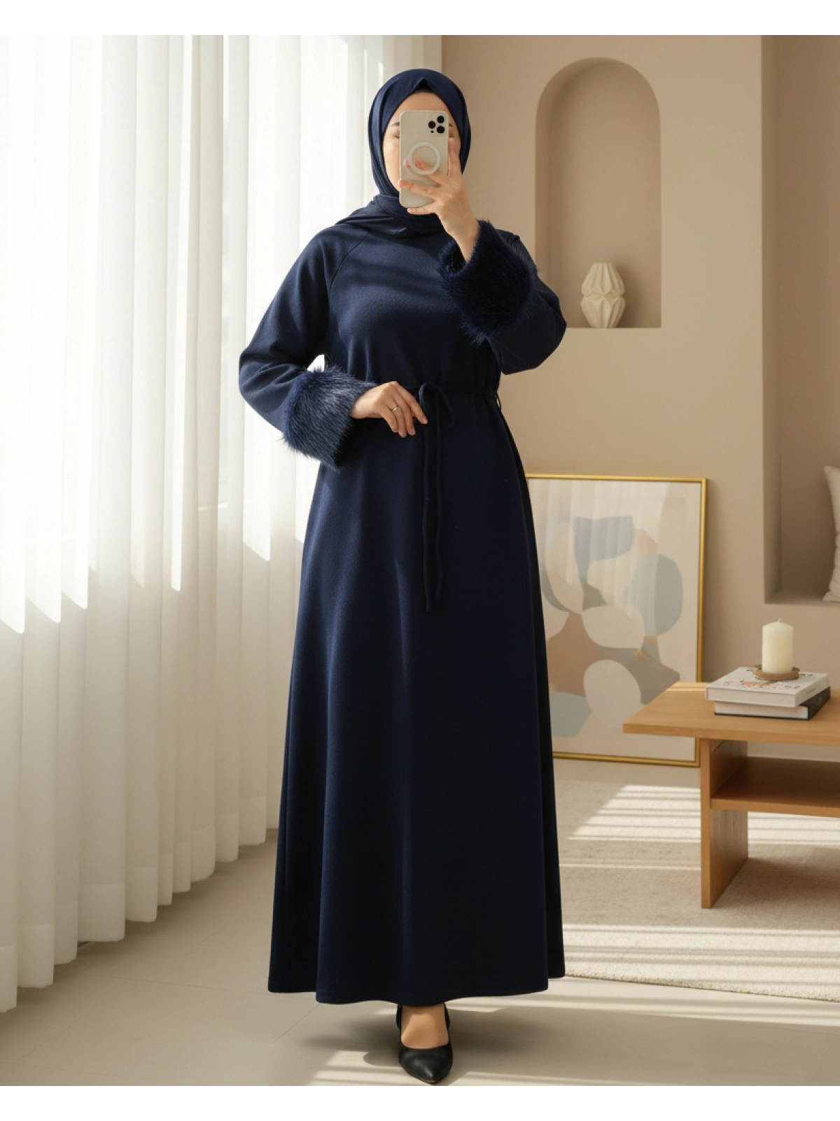 navy winter modest maxi dress with fur sleeves