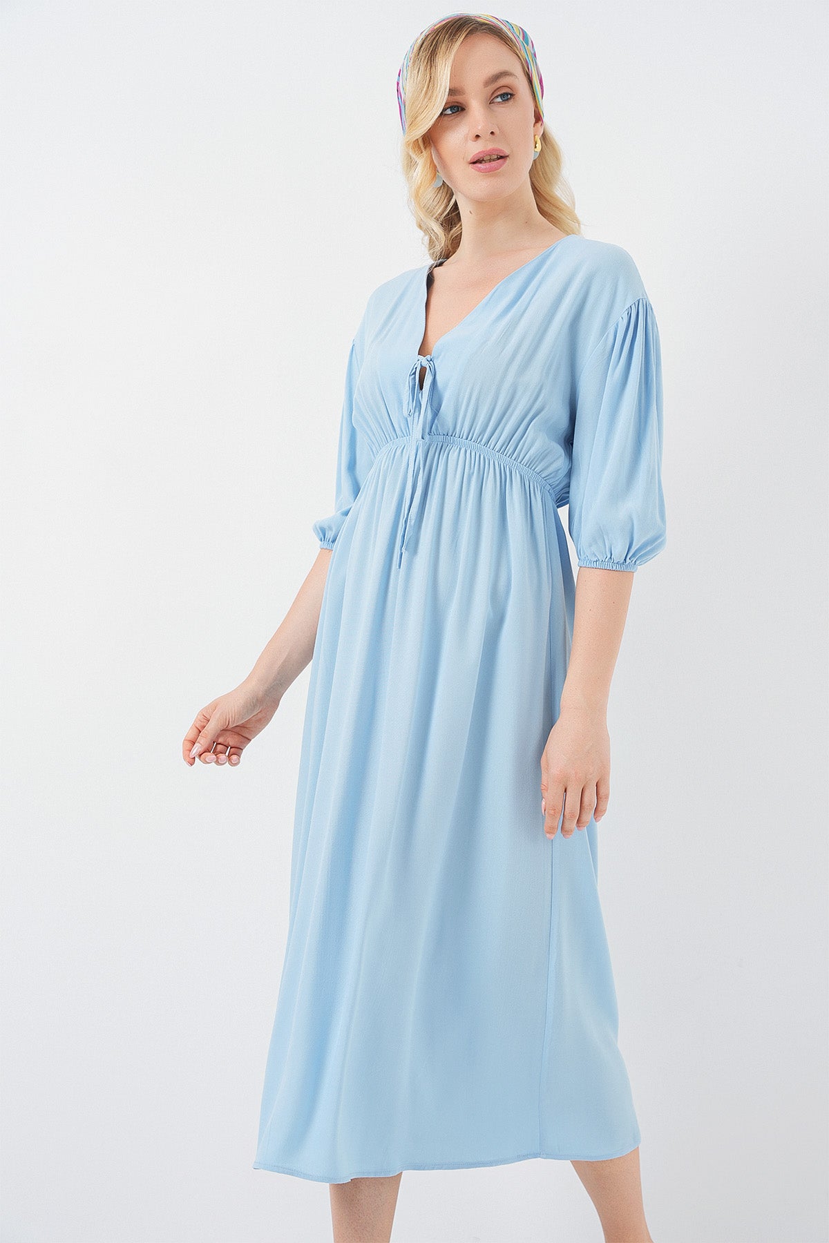premium muted blue-green midi dress for modest fashion