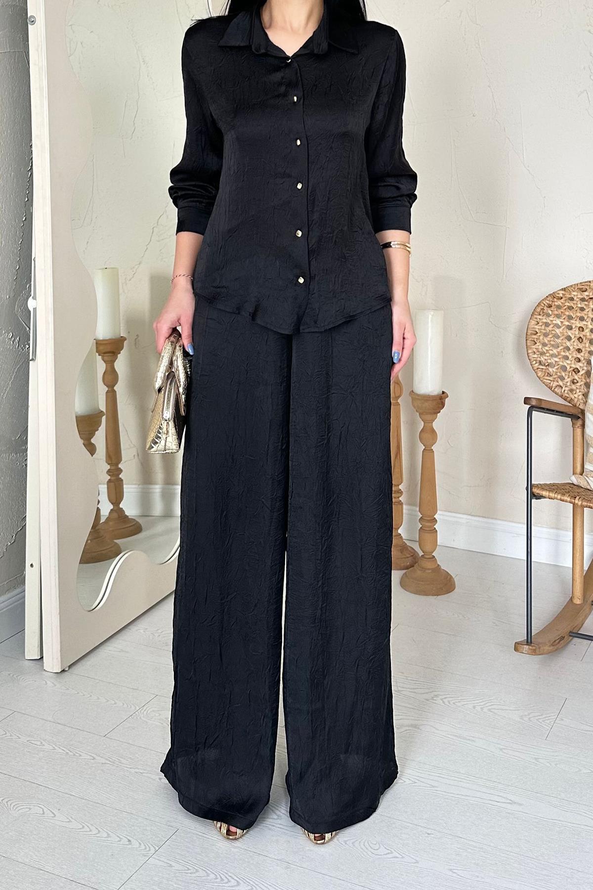 black shirt and wide-leg pant modest set