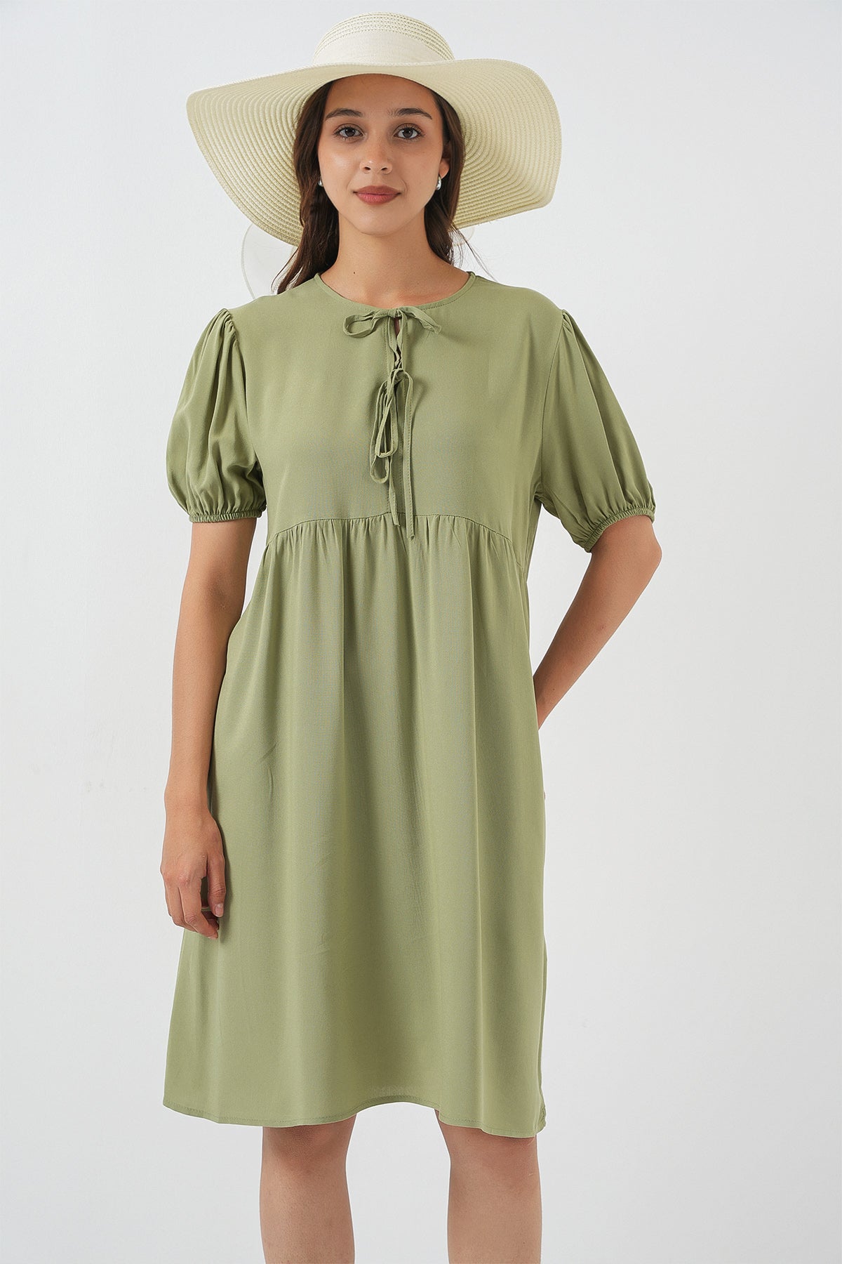 modest a line tie neck dress