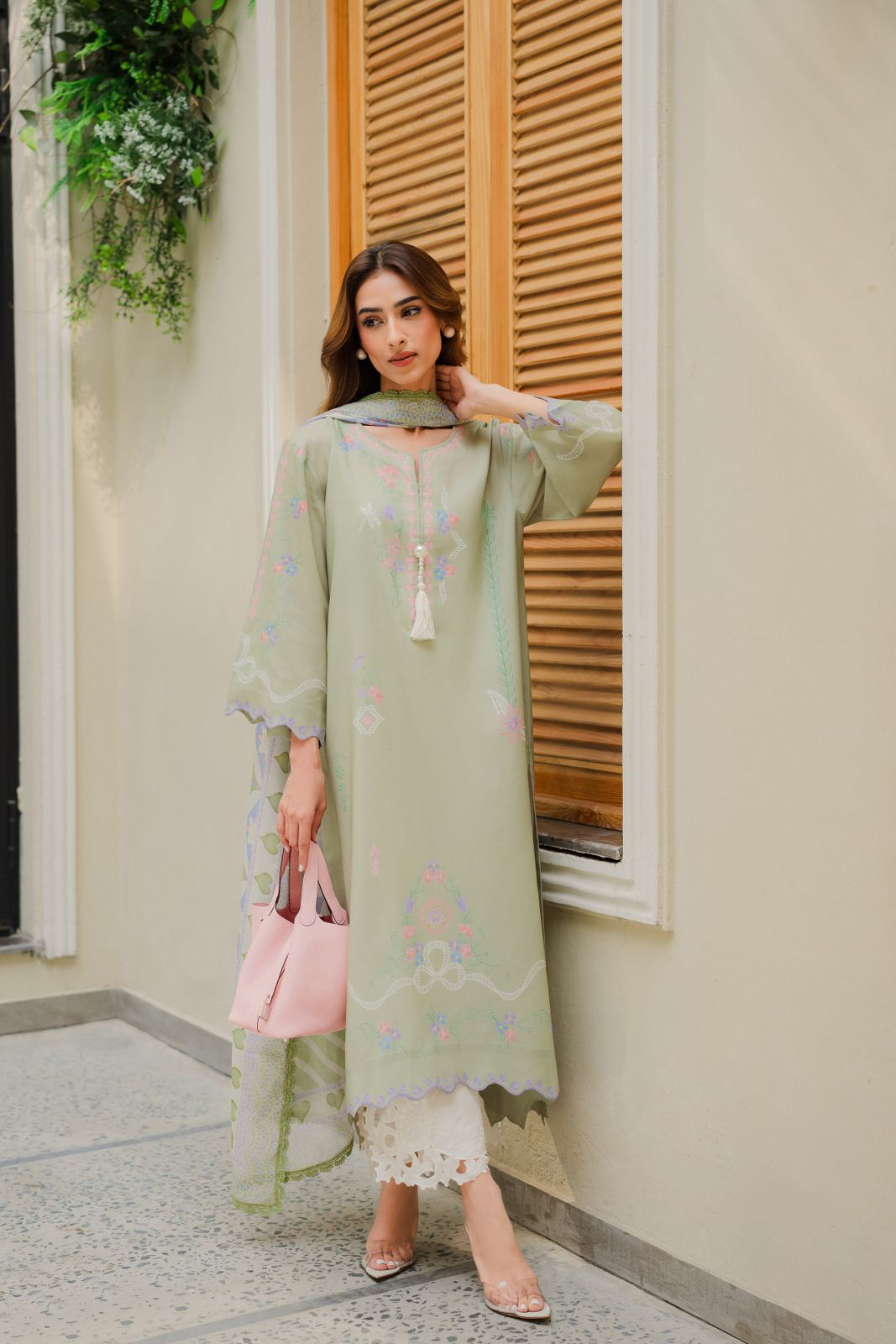 Serene Embroidered Luxe Modest Co-Ord Set With Scarf | Luxurious Embroidery With Applique Work