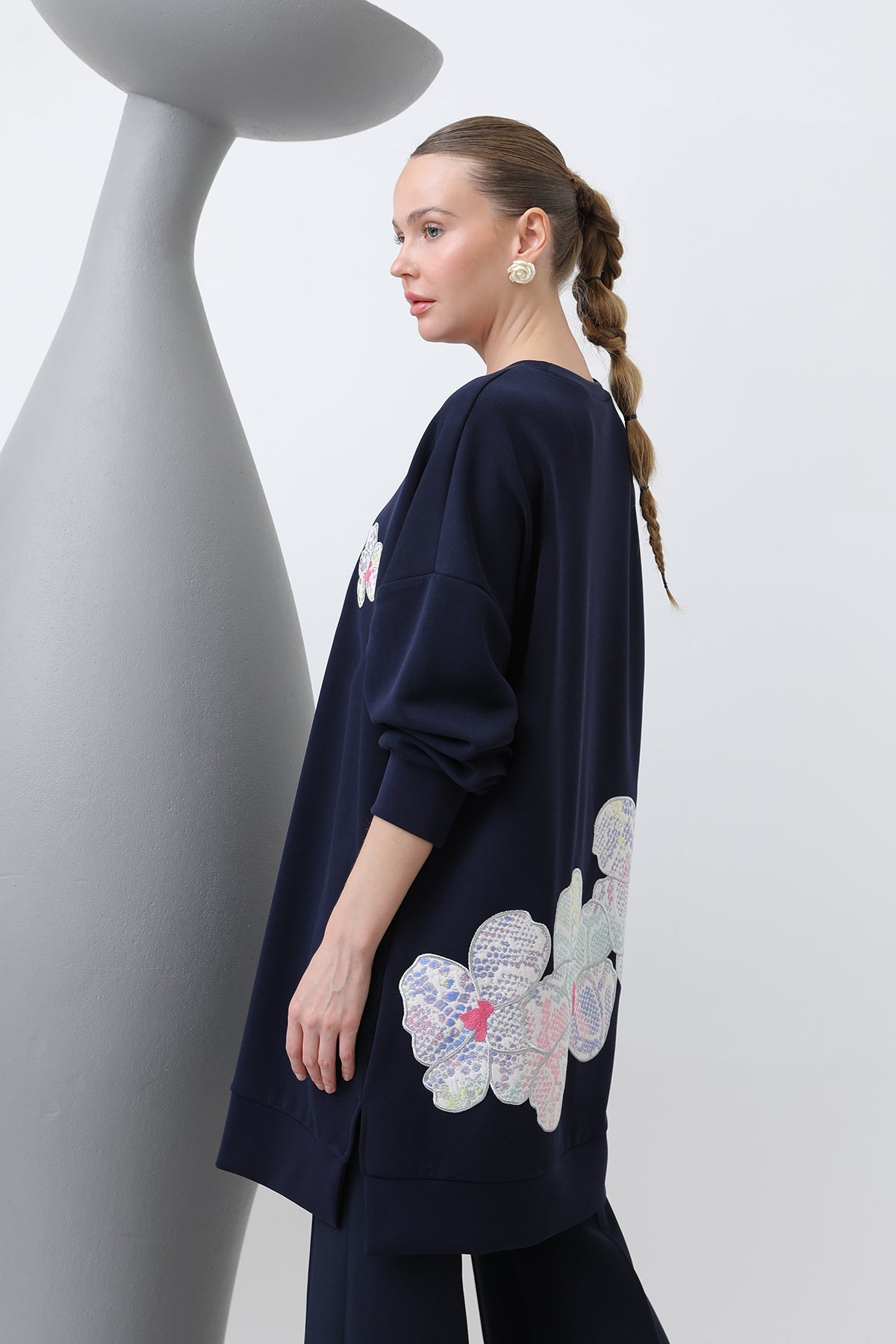 deep navy floral embroidery tunic