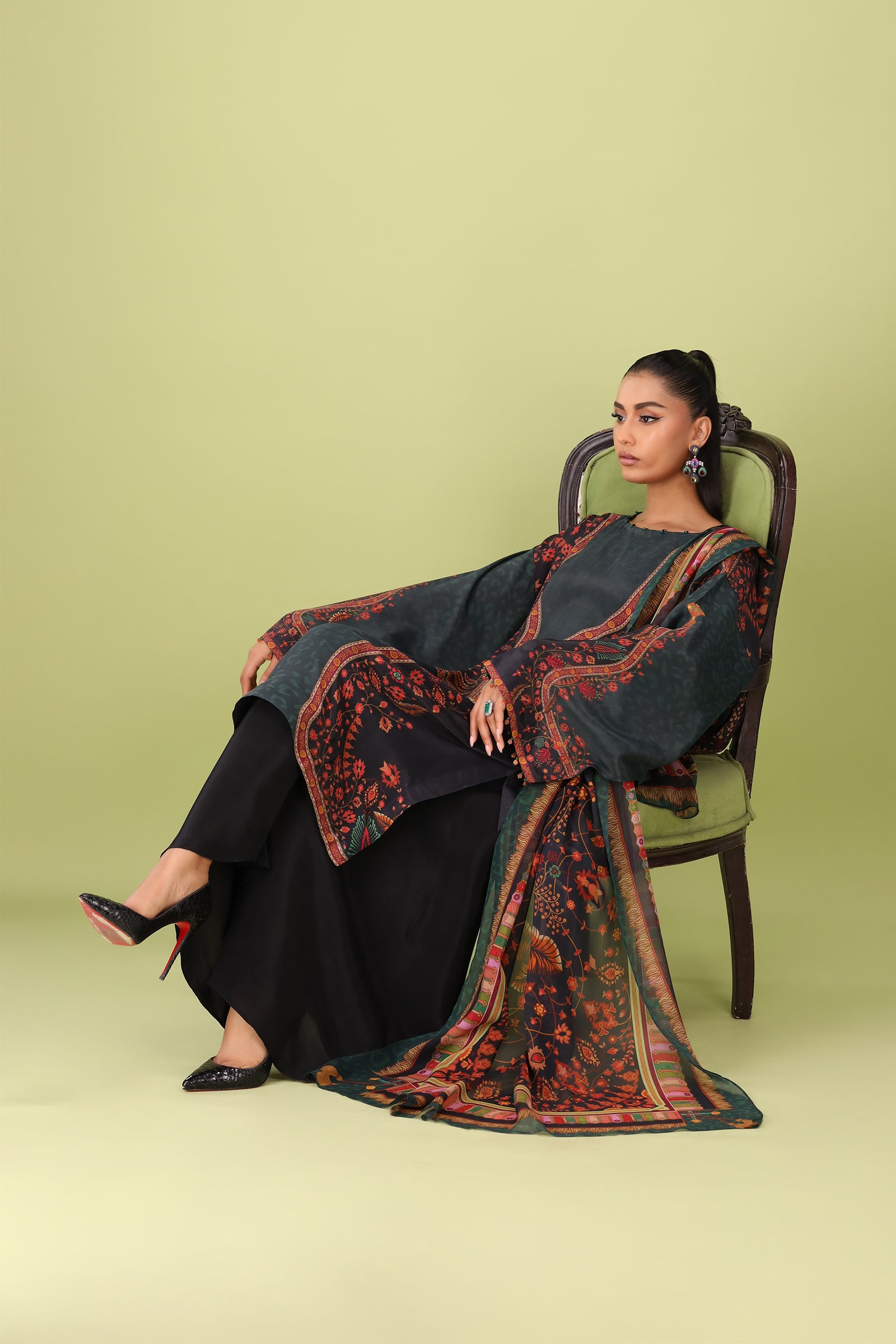French Moss Flare Atelier Modest Co-Ord Set with Scarf