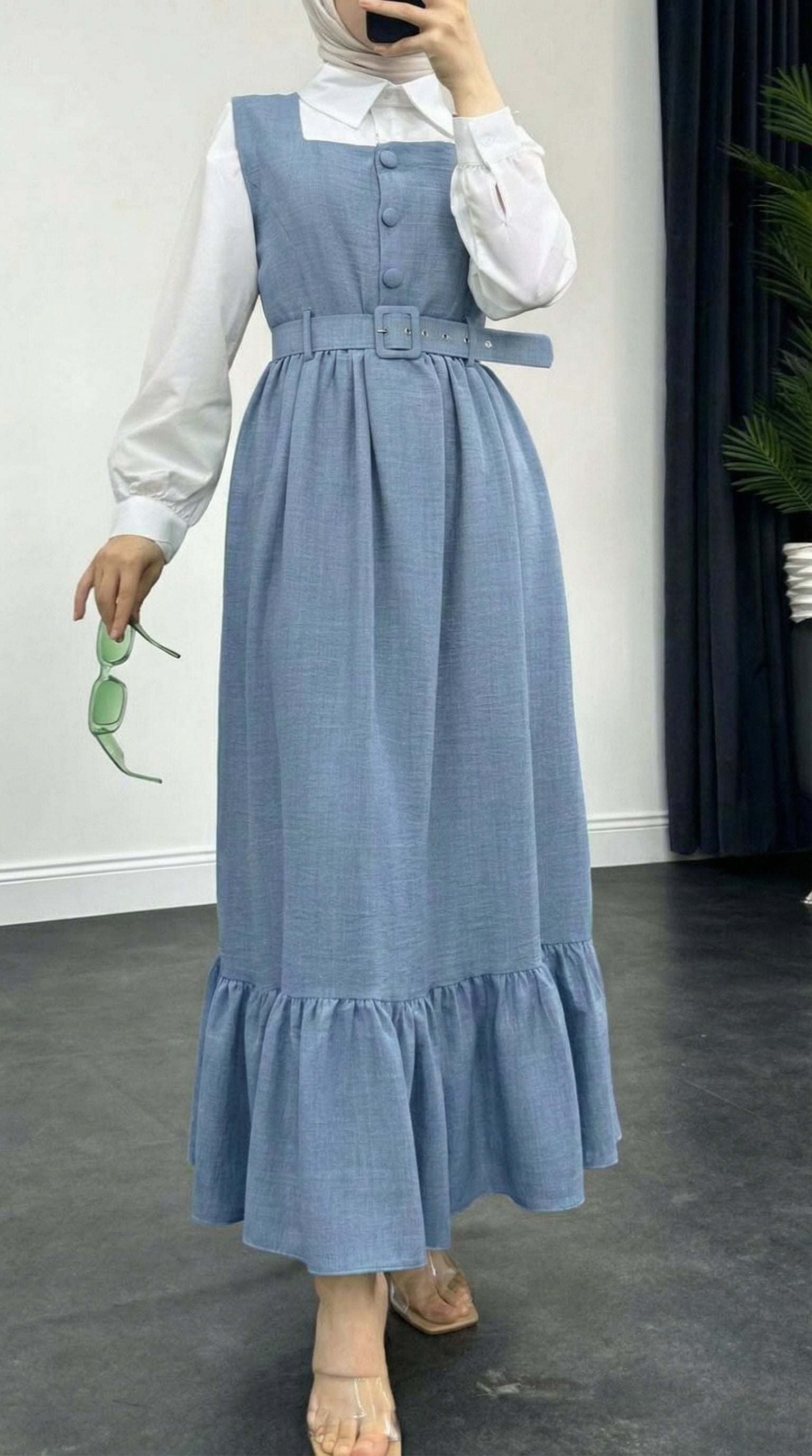 Dusty Blue Korean-Inspired Button-Front Modest Maxi Dress