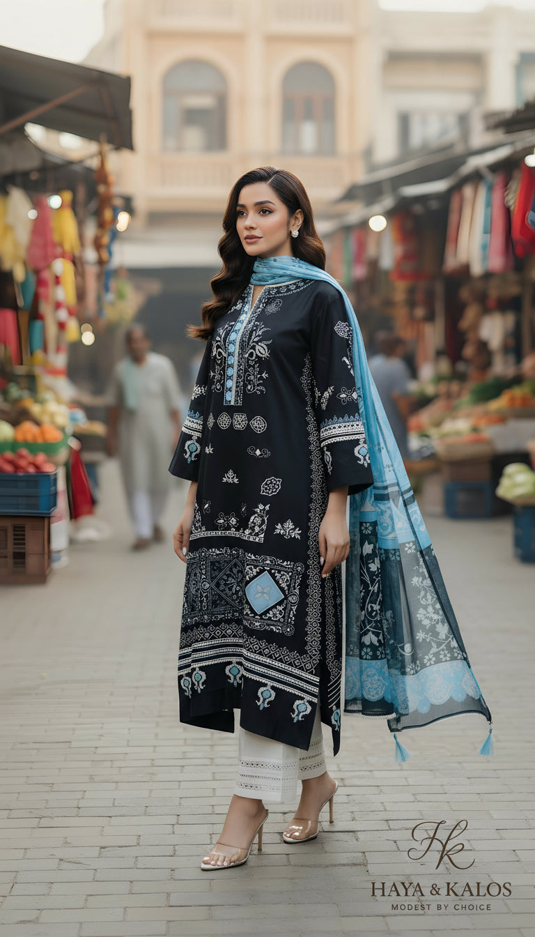 Denim Grey Ornate Luxe Modest Co-Ord Set With Scarf