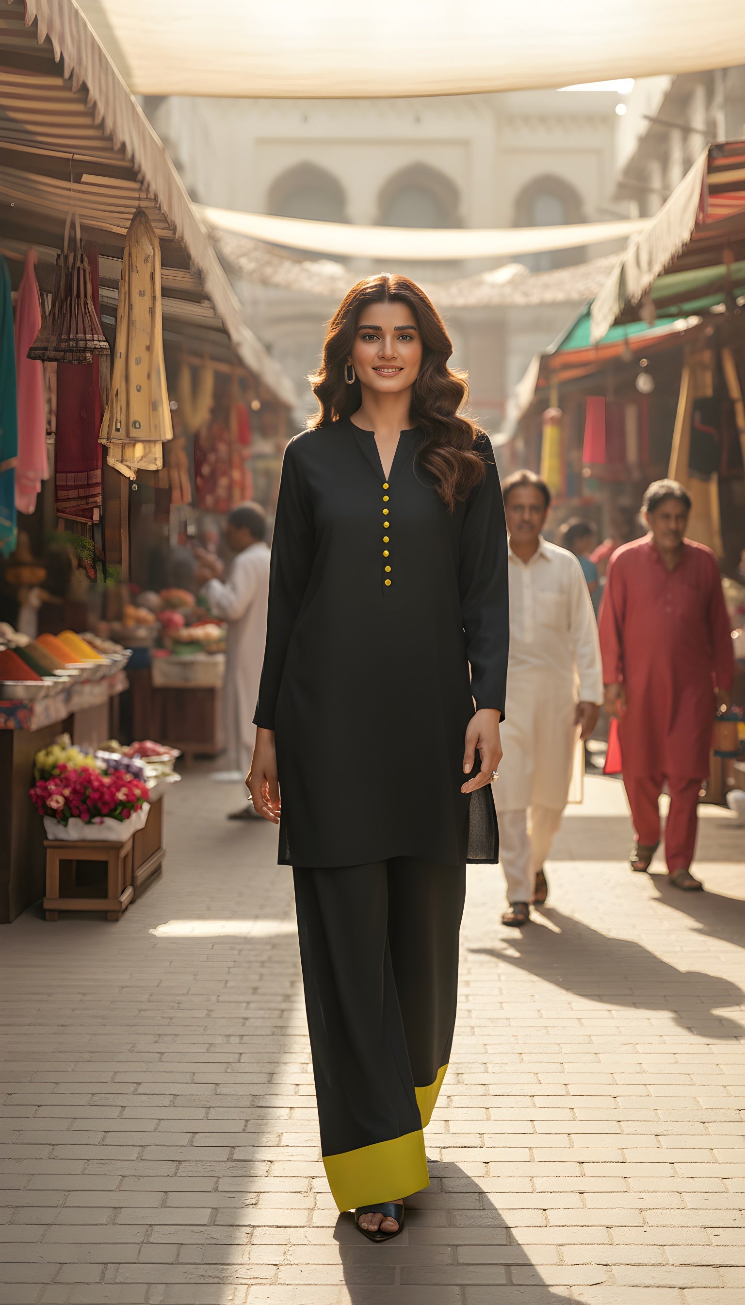 black and yellow contrast modest outfit