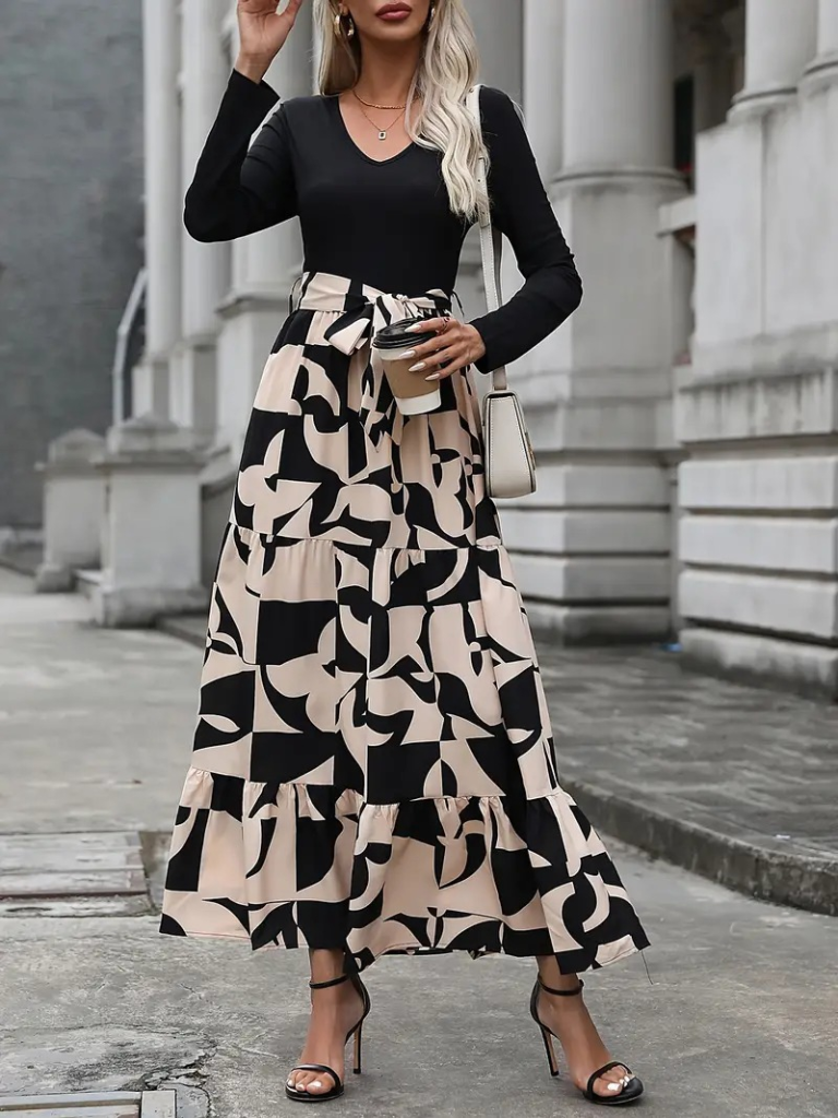 monochrome long sleeve maxi dress women