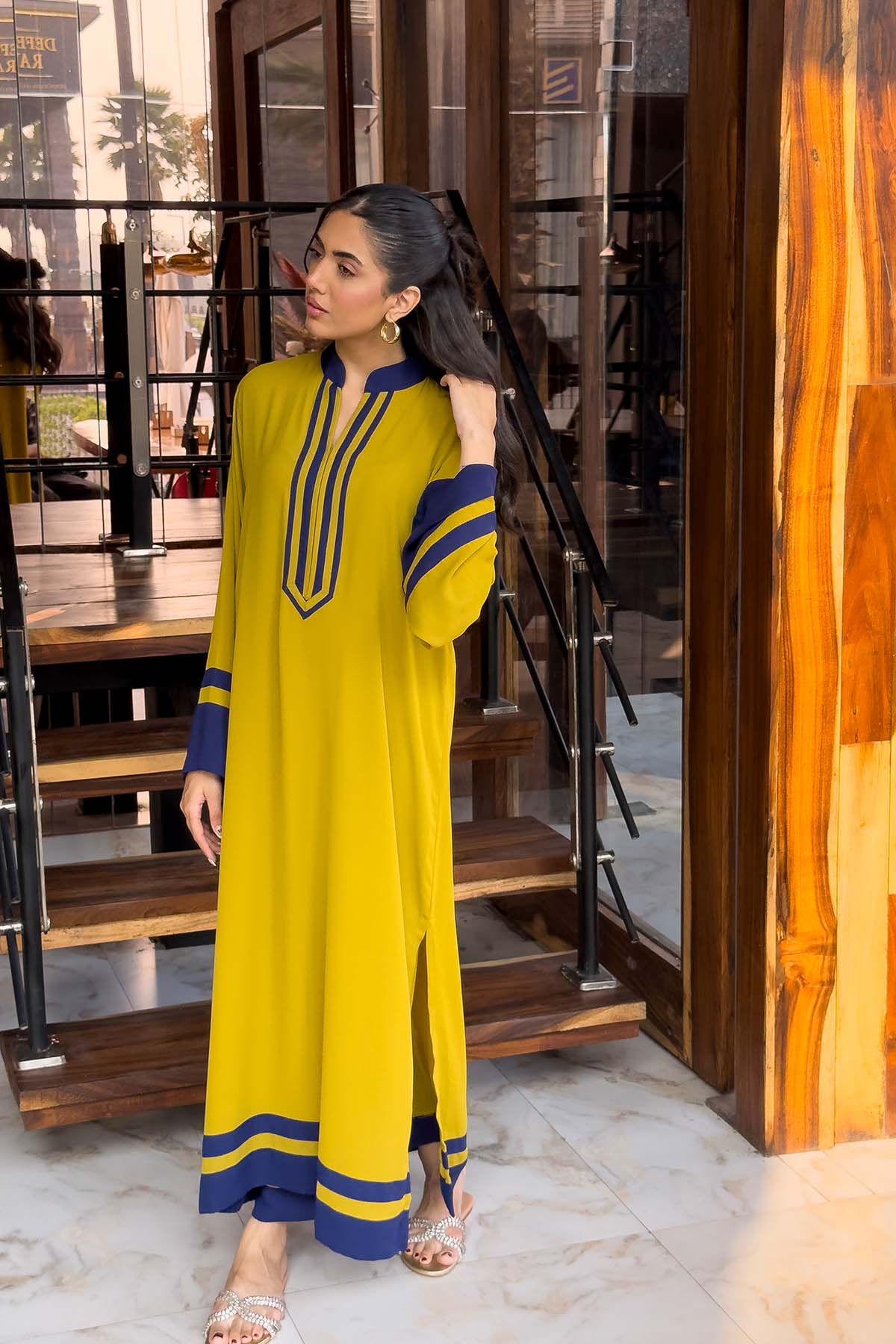 contrast blue neckline modest co ord set