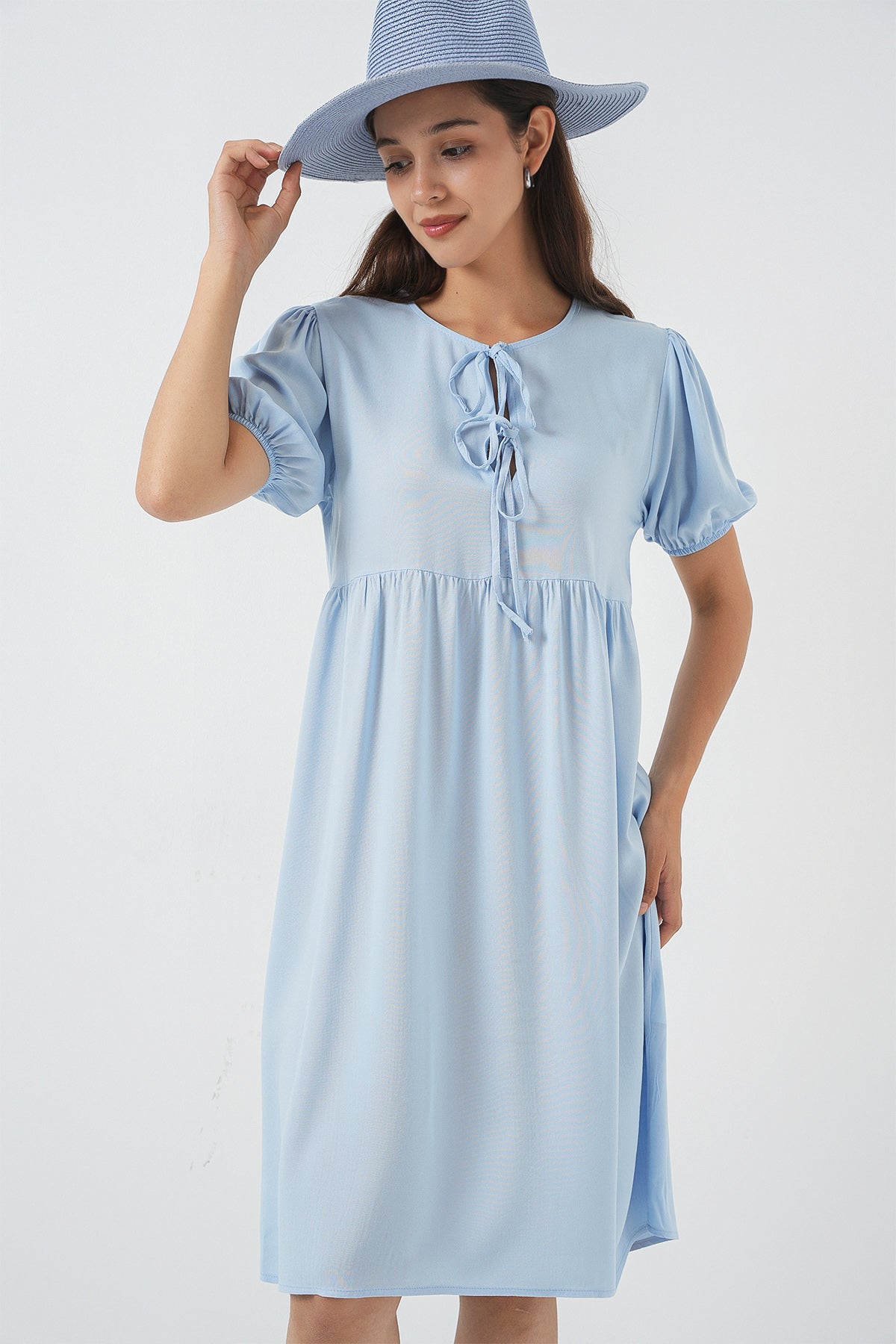 Light Blue Short Sleeve Tie-Front Dress
