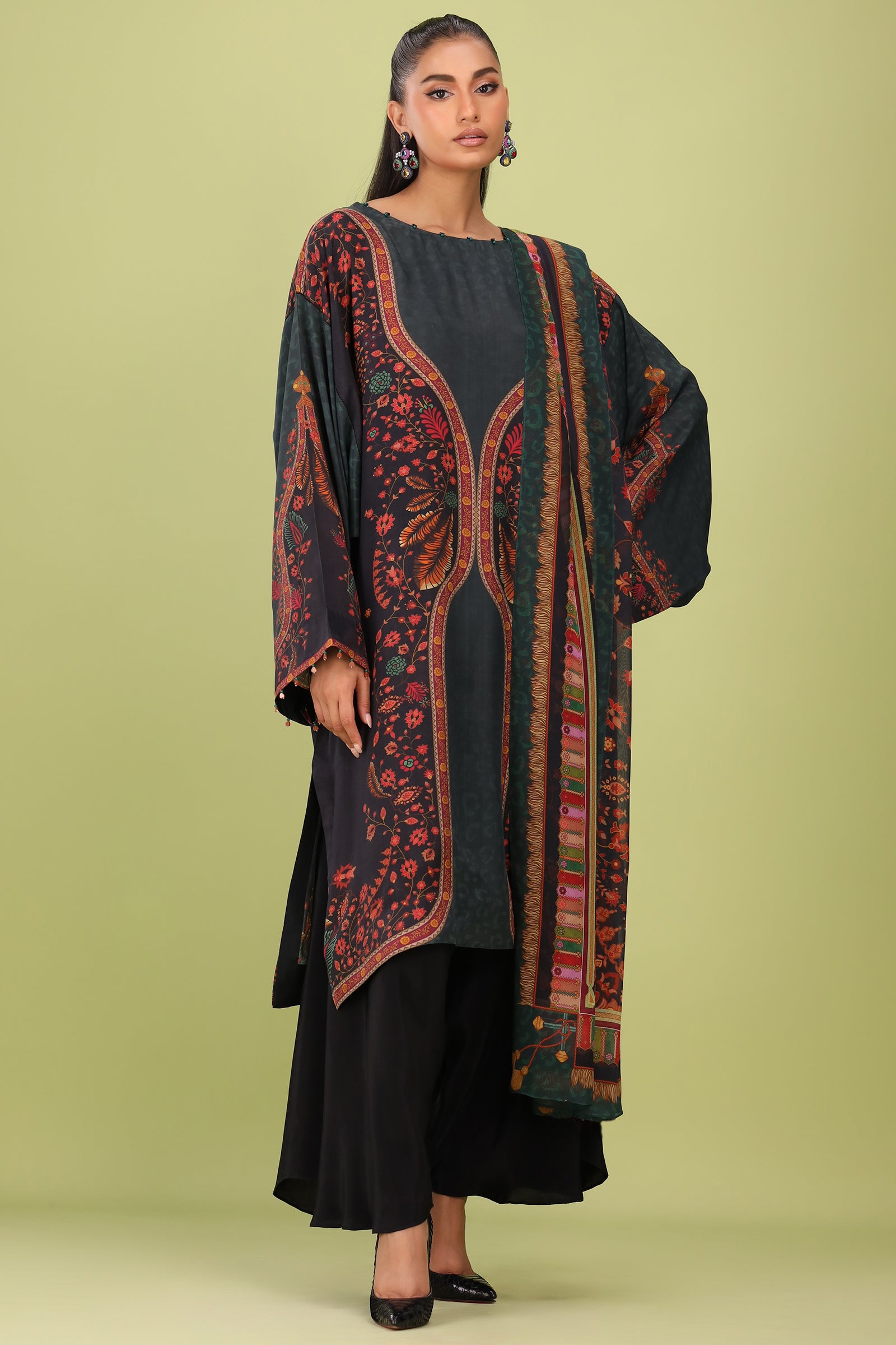 French Moss Flare Atelier Modest Co-Ord Set with Scarf