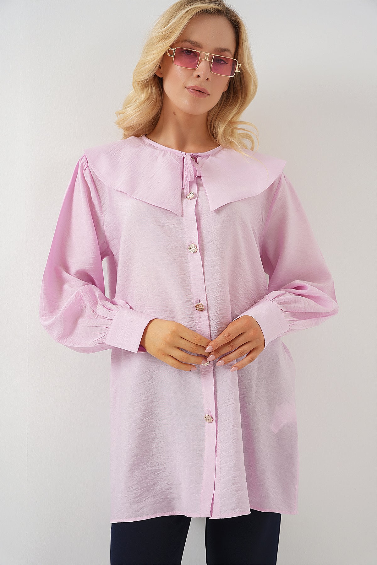Long Pink Modest Tunic with Statement Collar & Gold Buttons