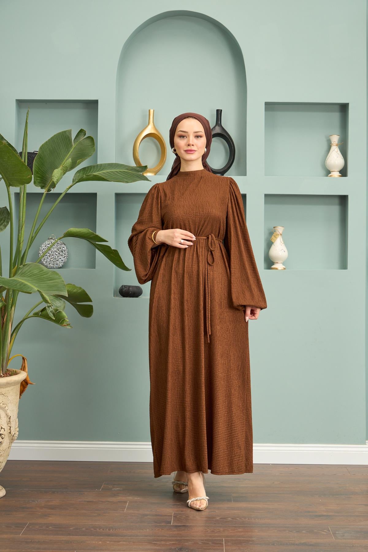 full sleeve high neck brown modest dress