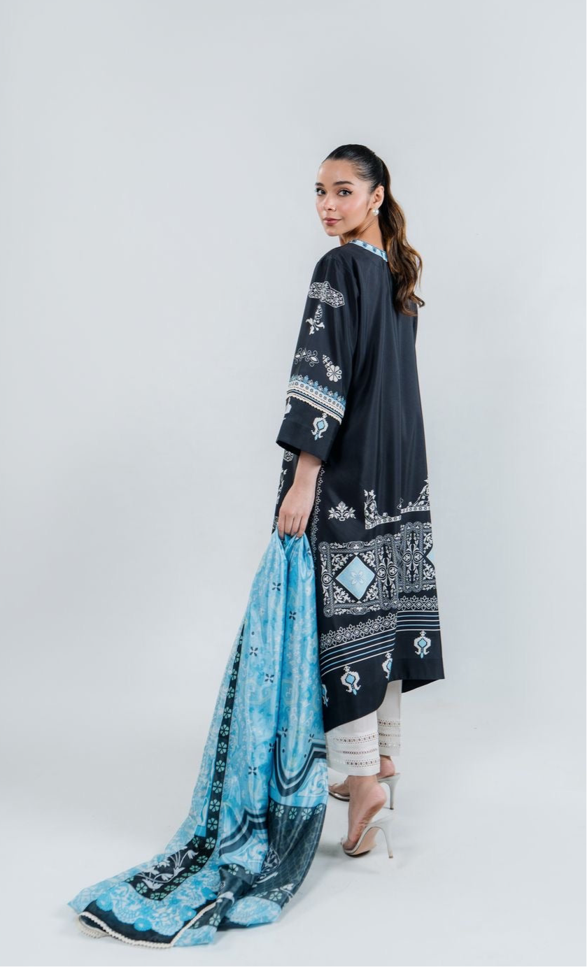 Denim Grey Ornate Luxe Modest Co-Ord Set With Scarf