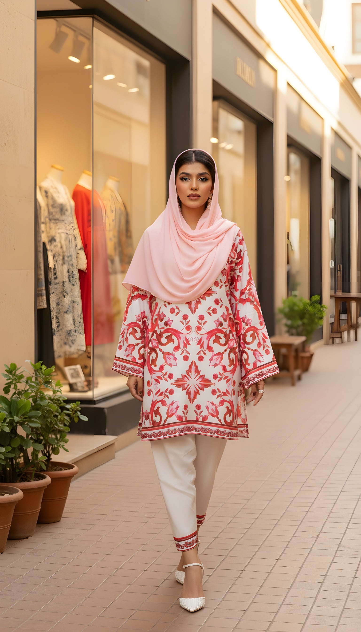 ivory and red printed modest co ord for women