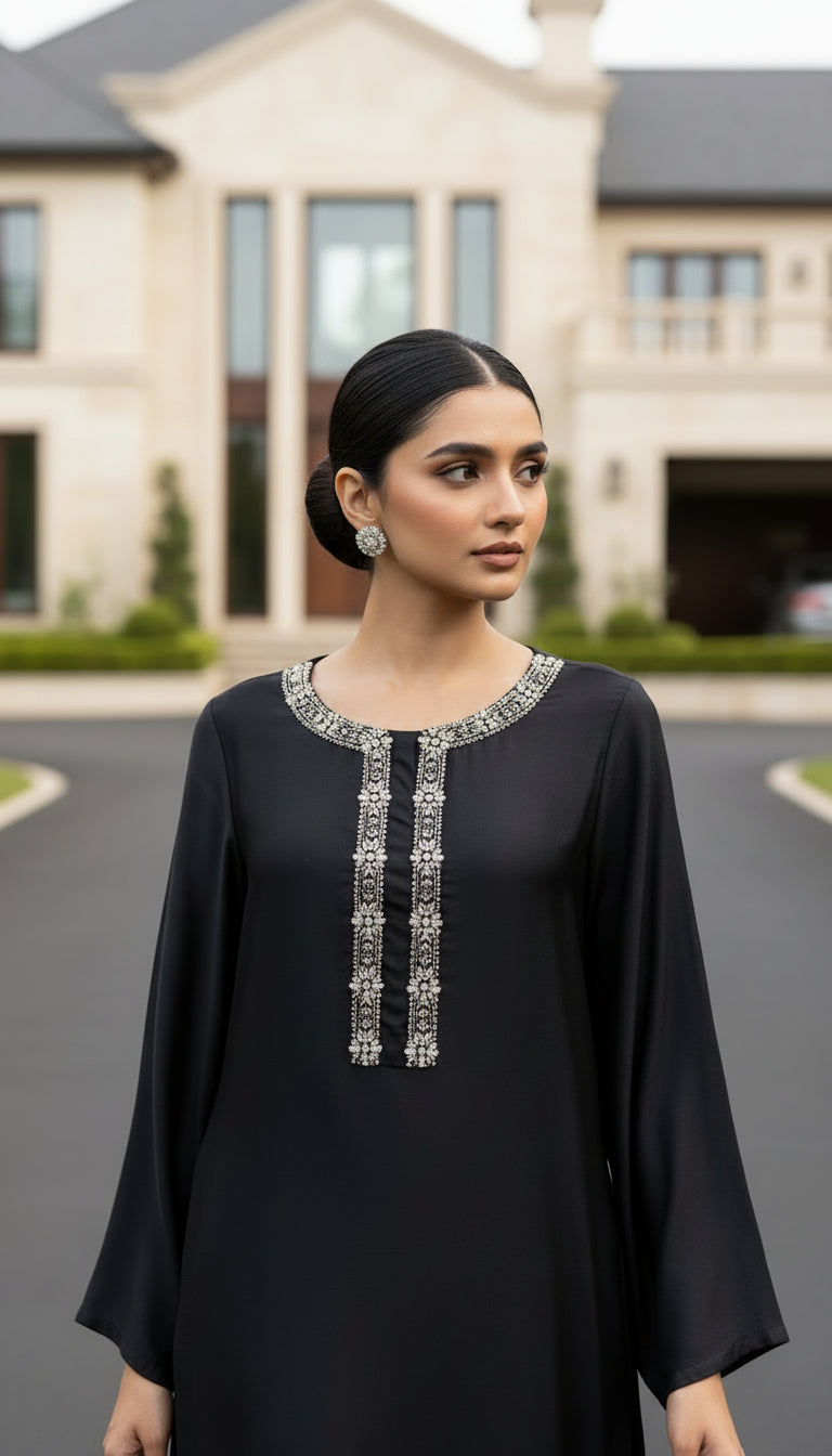 noir pearl embellished modest co ord set