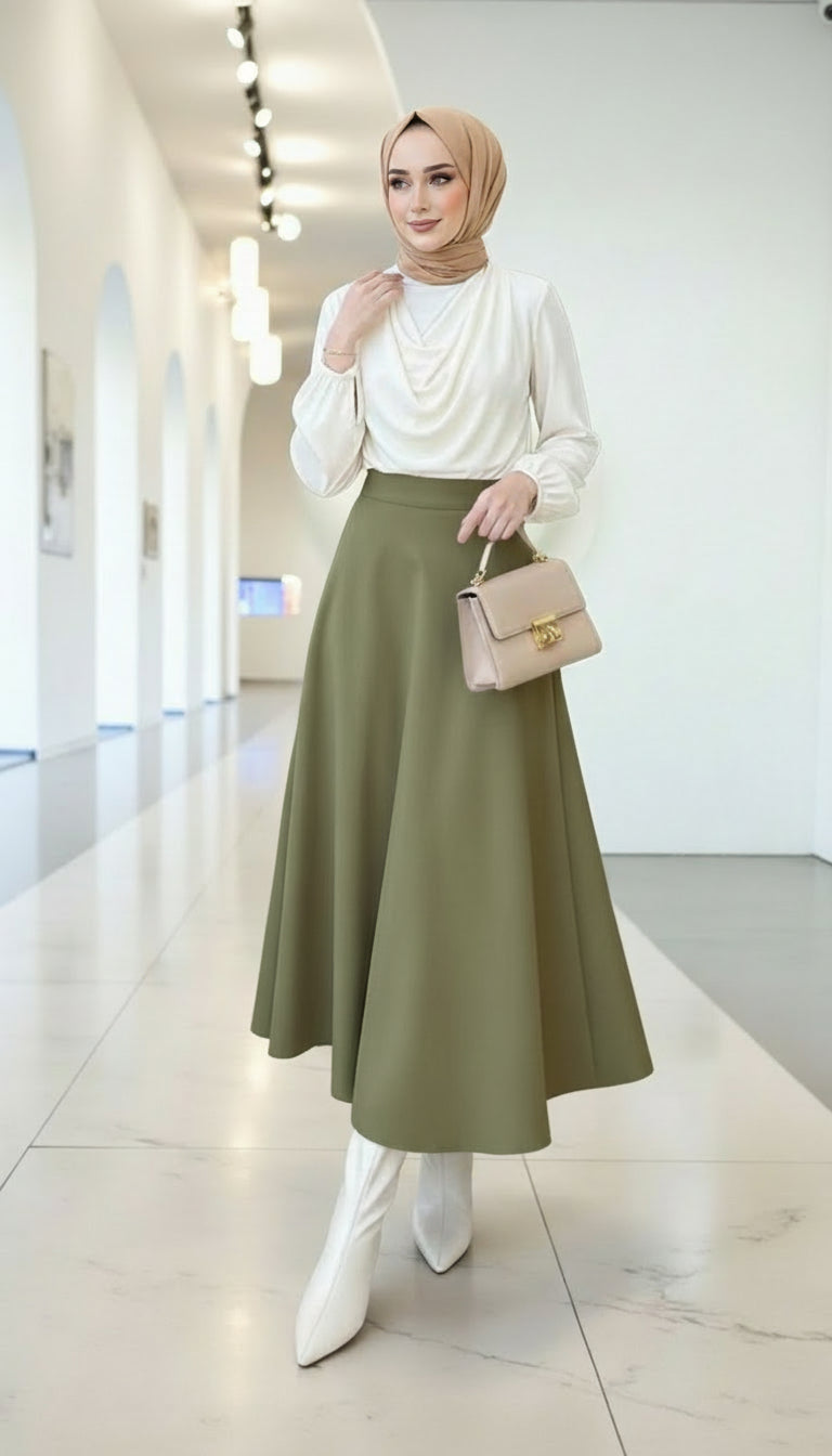 Olive Green A-Line Elastic Waist Modest Scuba Maxi Skirt