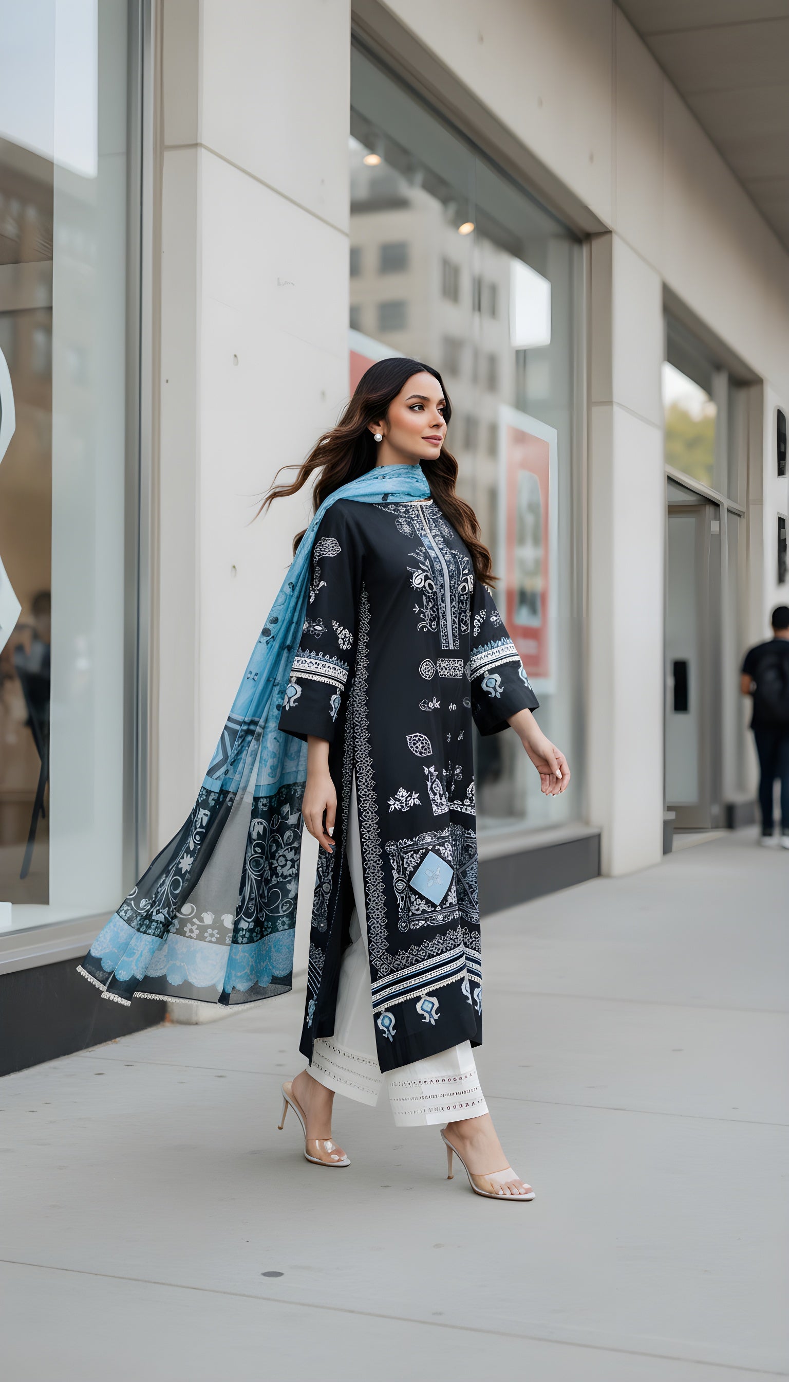Denim Grey Ornate Luxe Modest Co-Ord Set With Scarf