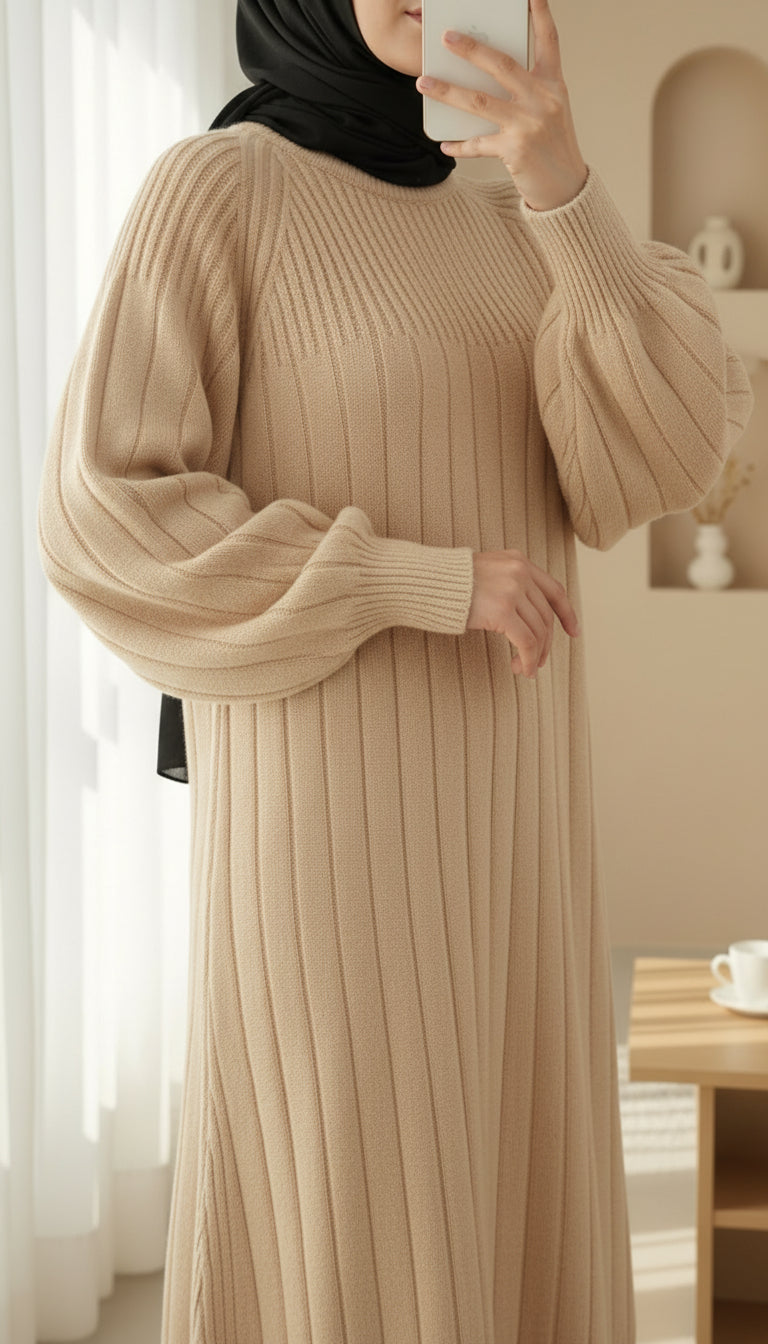beige knit modest dress women