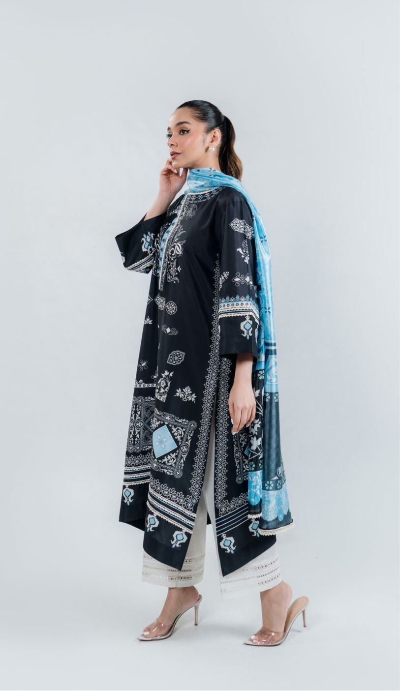 Denim Grey Ornate Luxe Modest Co-Ord Set With Scarf