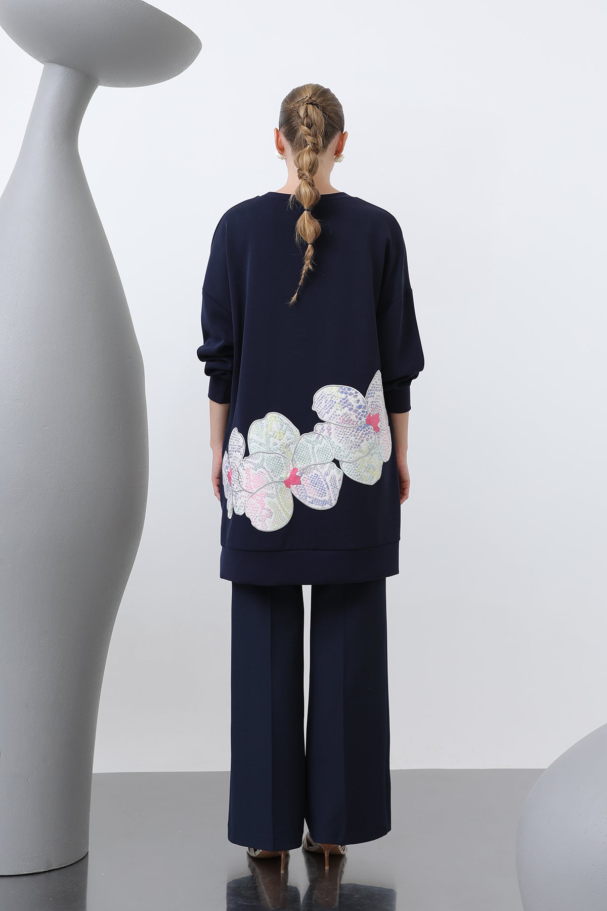 elegant navy modest embroidered top