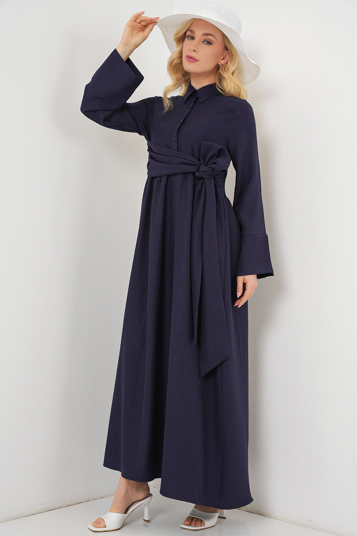 premium modest shirt dress navy blue