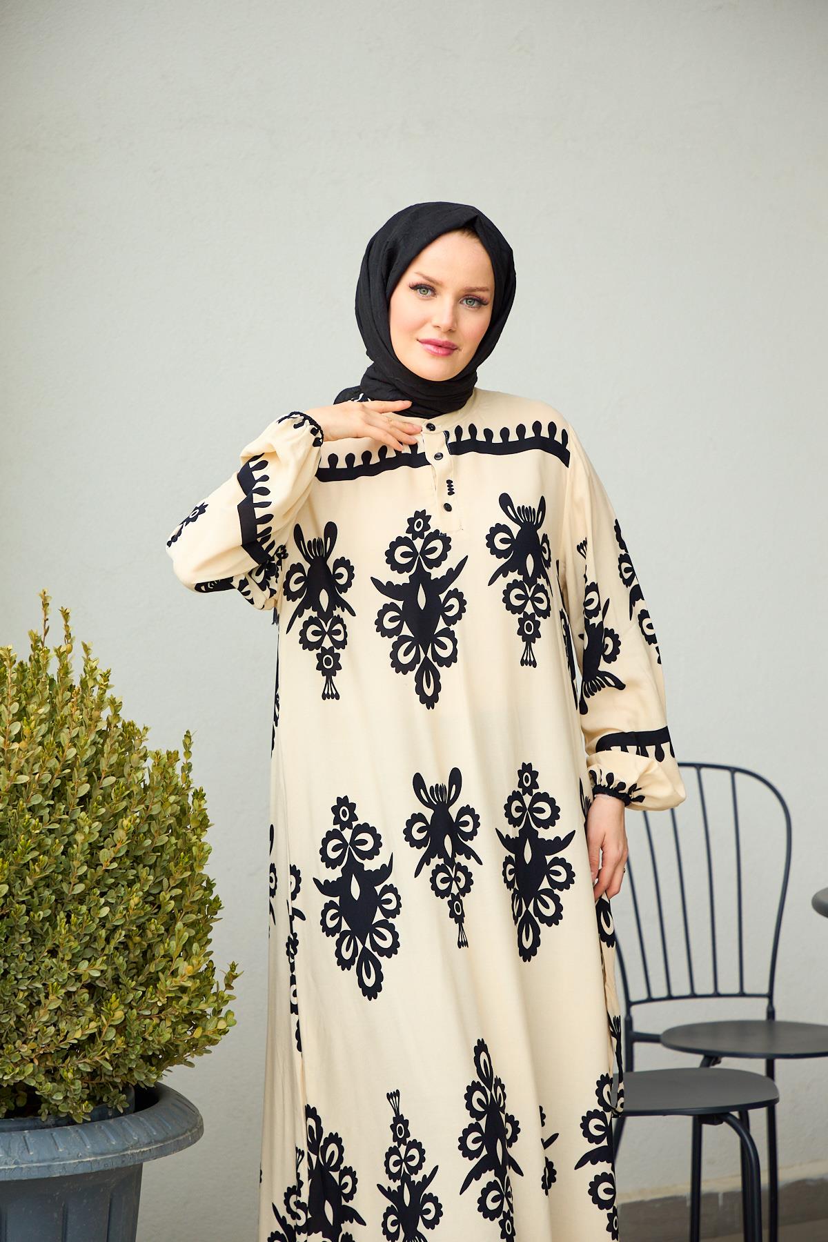 beige muse modest printed maxi dress