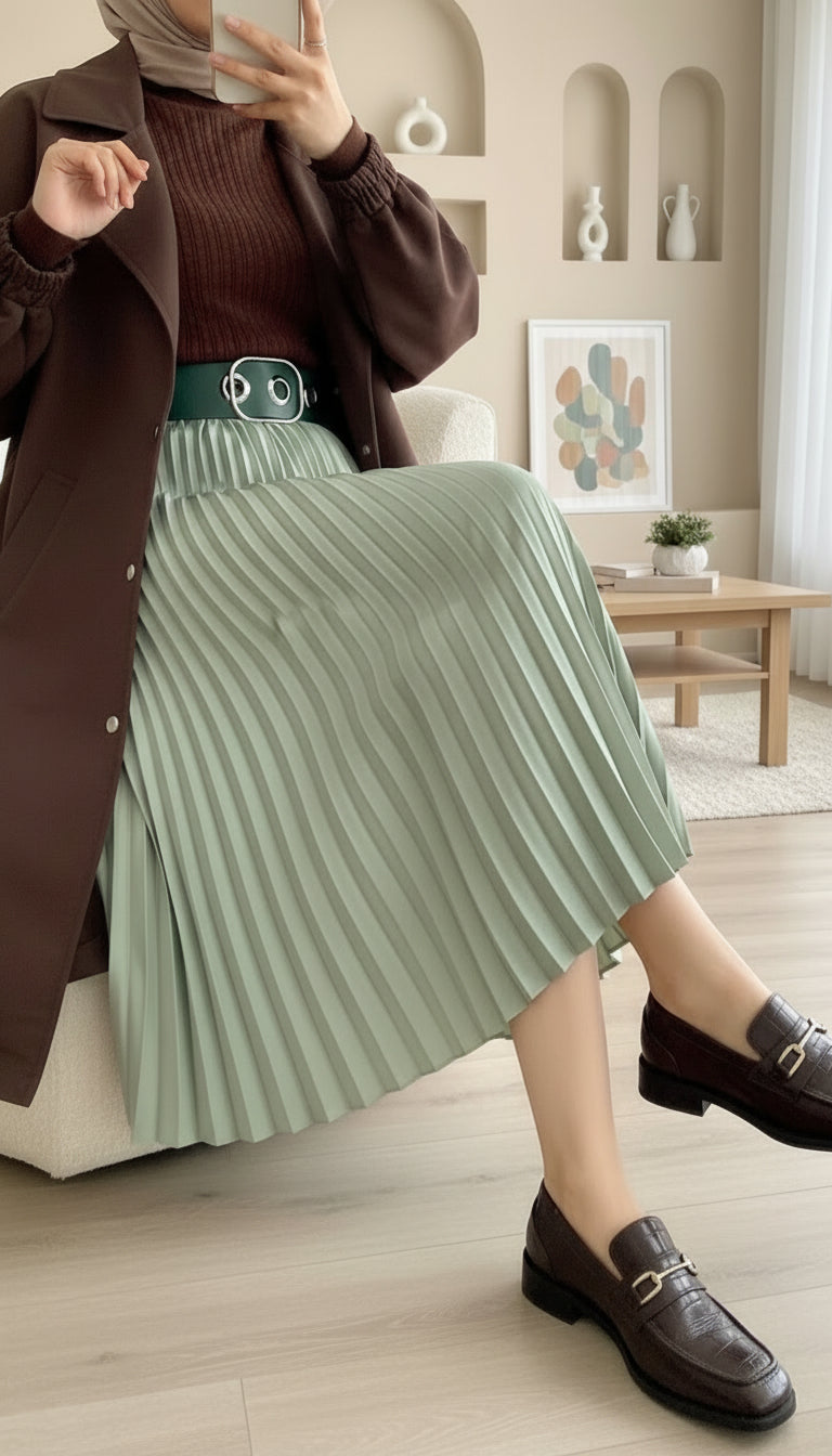 sage green pleated elastic waist modest maxi skirt
