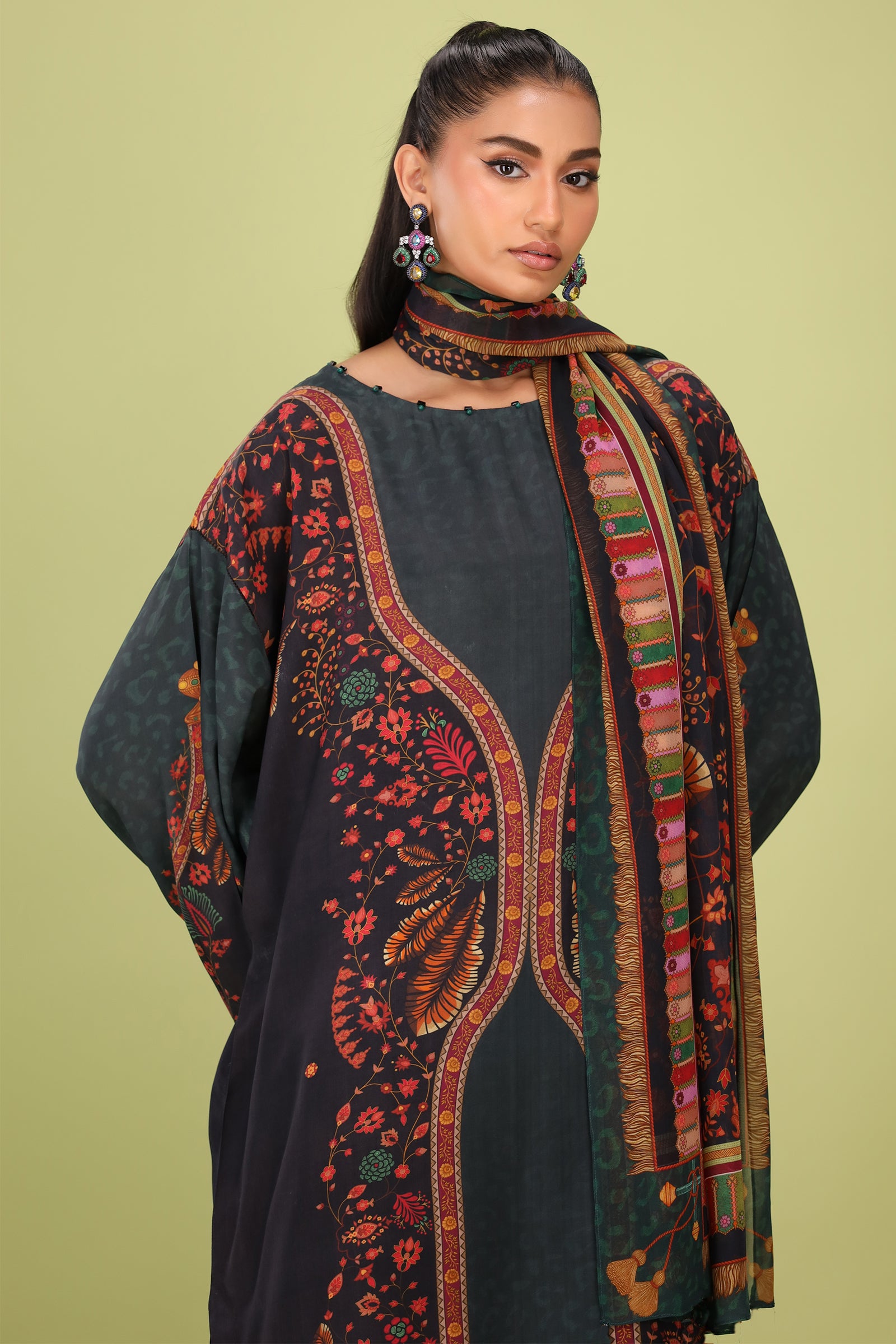 French Moss Flare Atelier Modest Co-Ord Set with Scarf