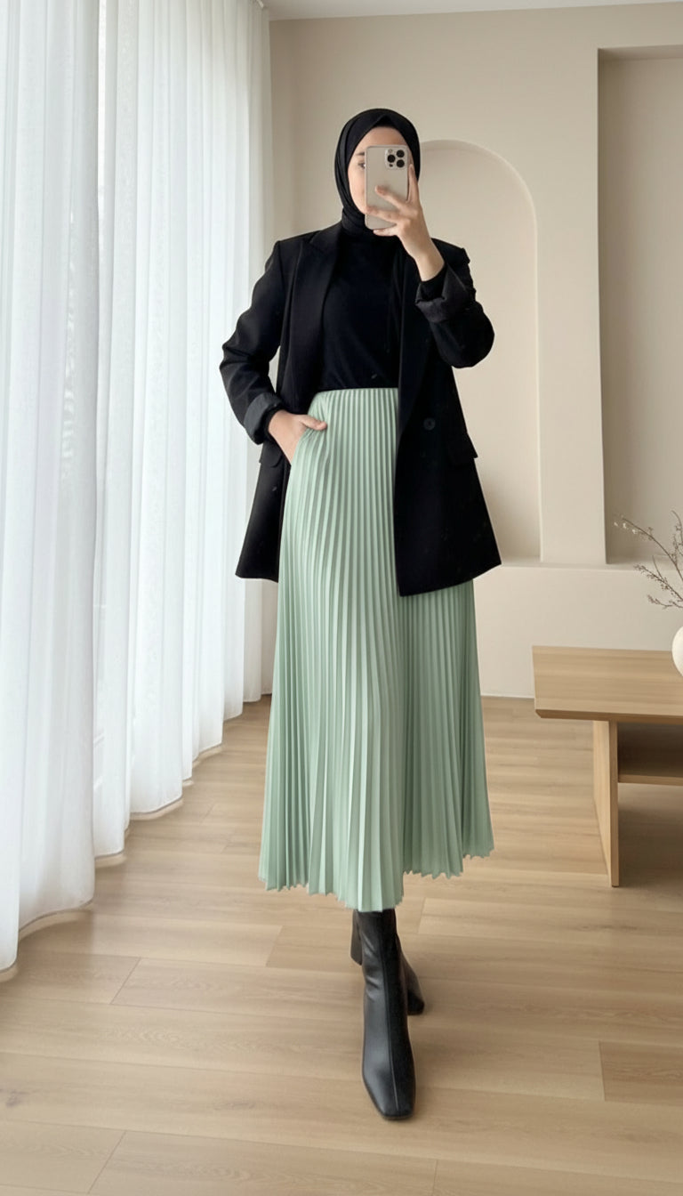 minimalist sage green modest maxi skirt