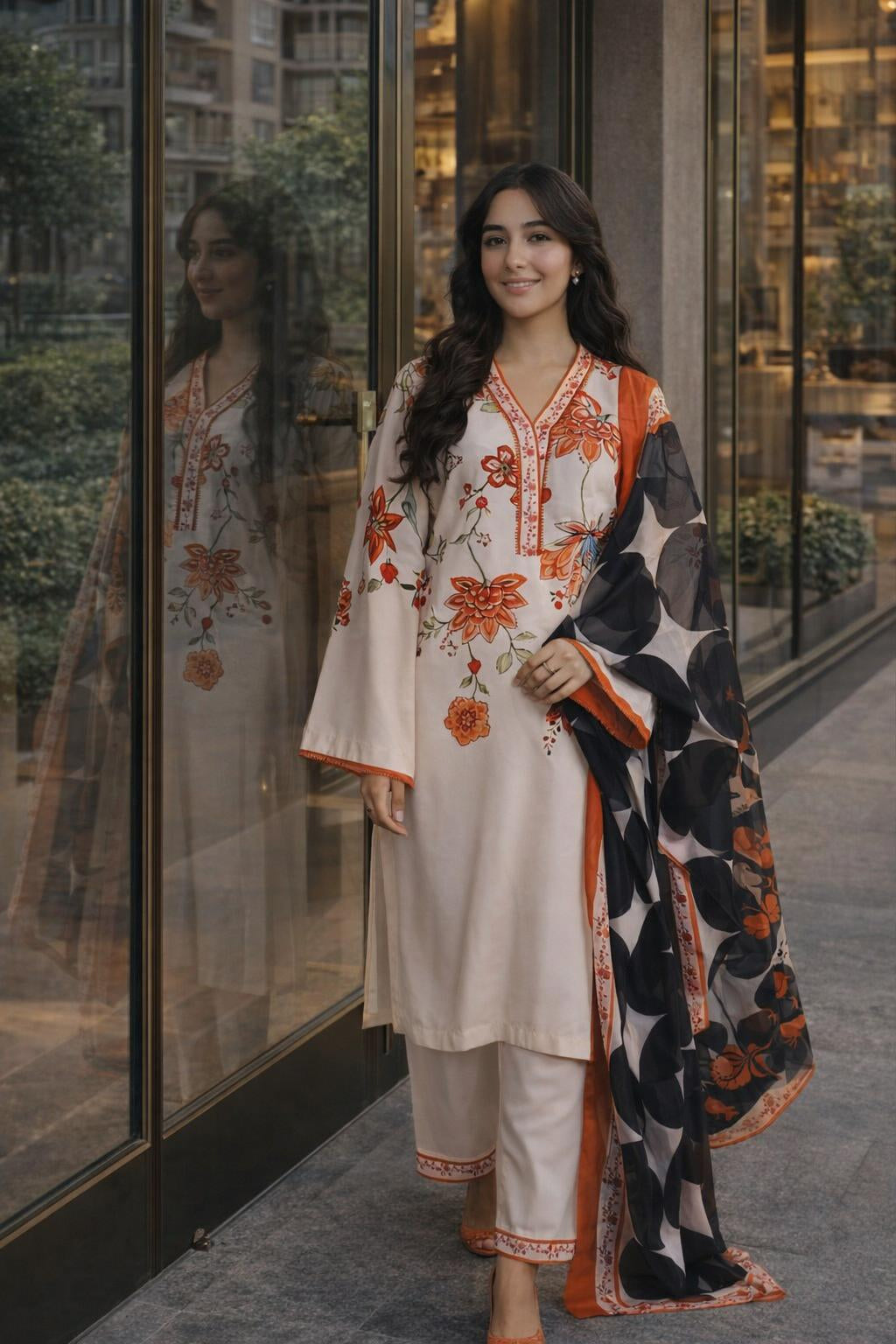 ivory floral modest co ord set with dupatta