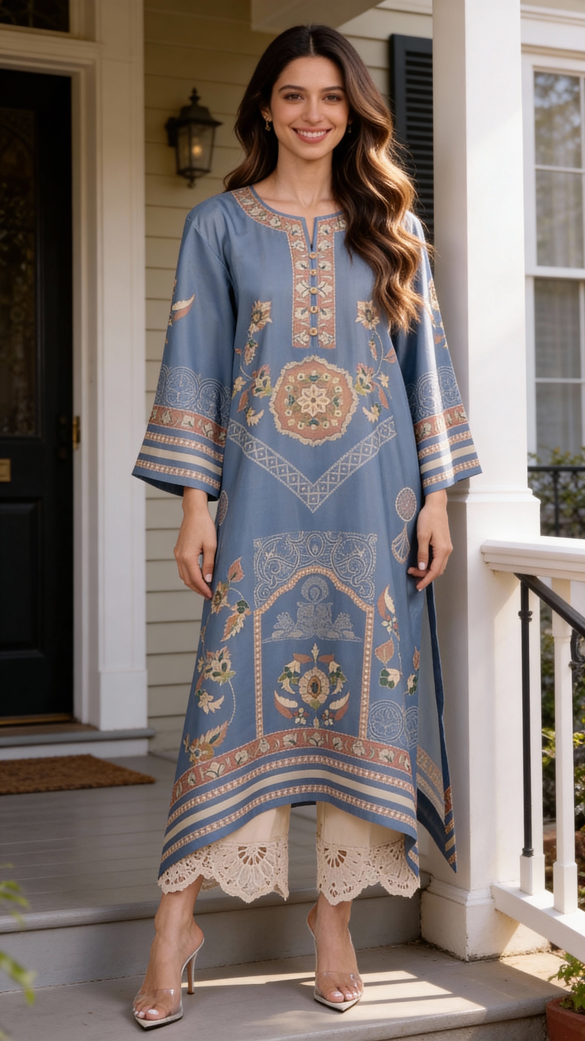 festive blue modest two piece outfit