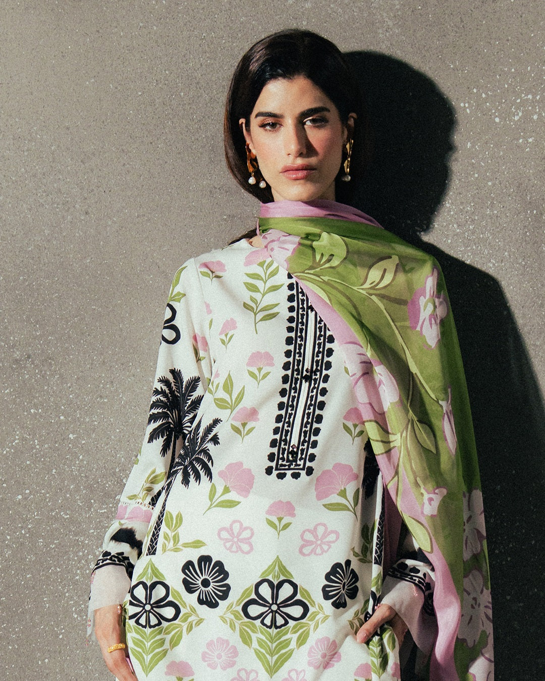 Ivory Garden Print Modest Kurta Set with Scarf