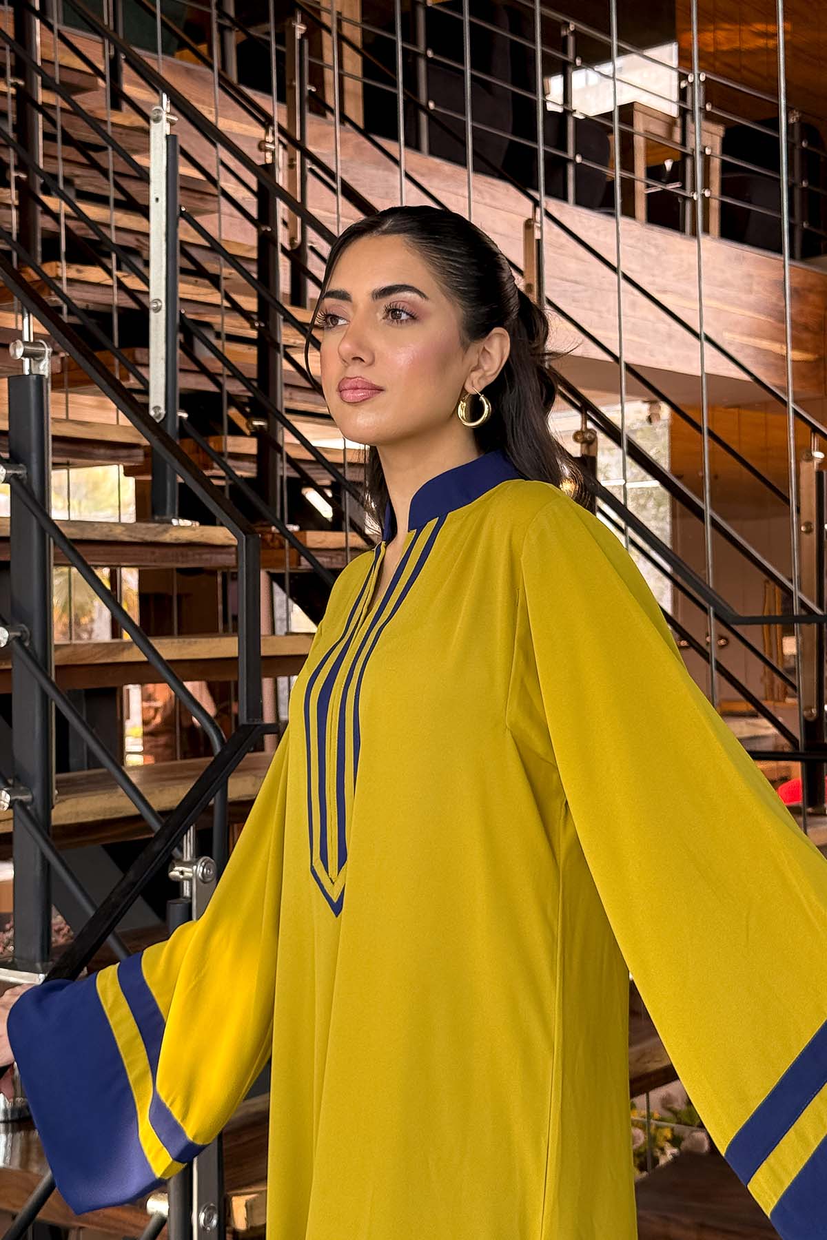 premium mustard modest co ord set with blue detailing